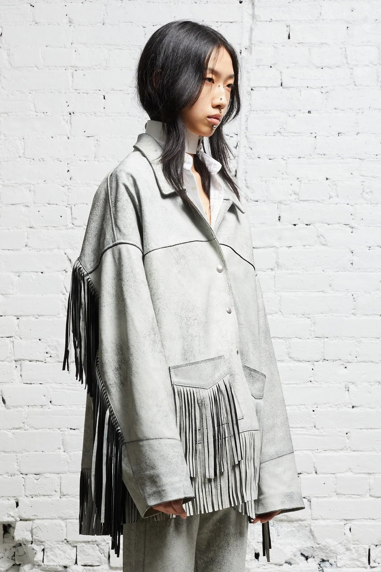 OVERSIZED FRINGE JACKET - CRACKLE WHITE - 3