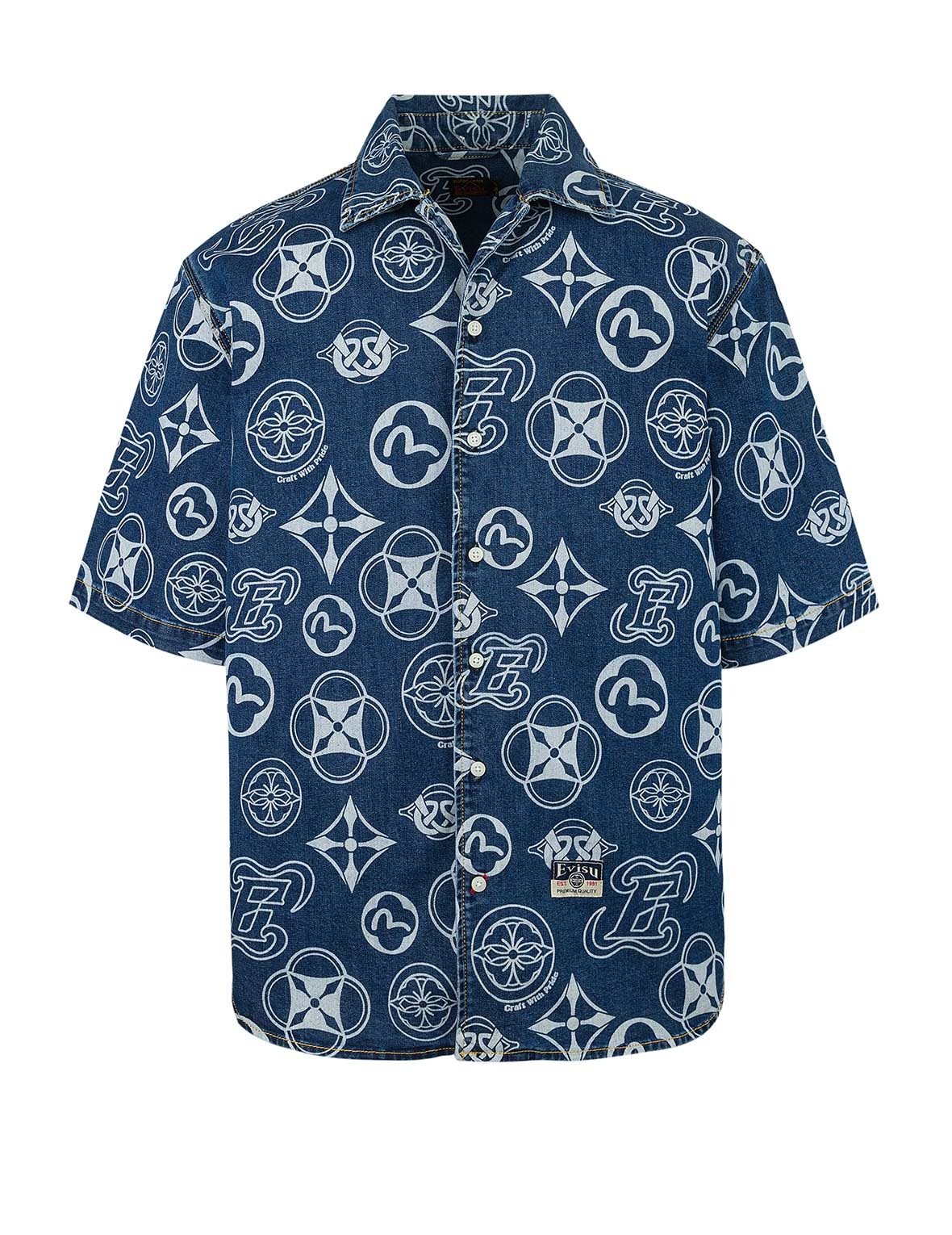 Allover Kamon Print Relax Fit Denim Short Sleeves Shirt - 7