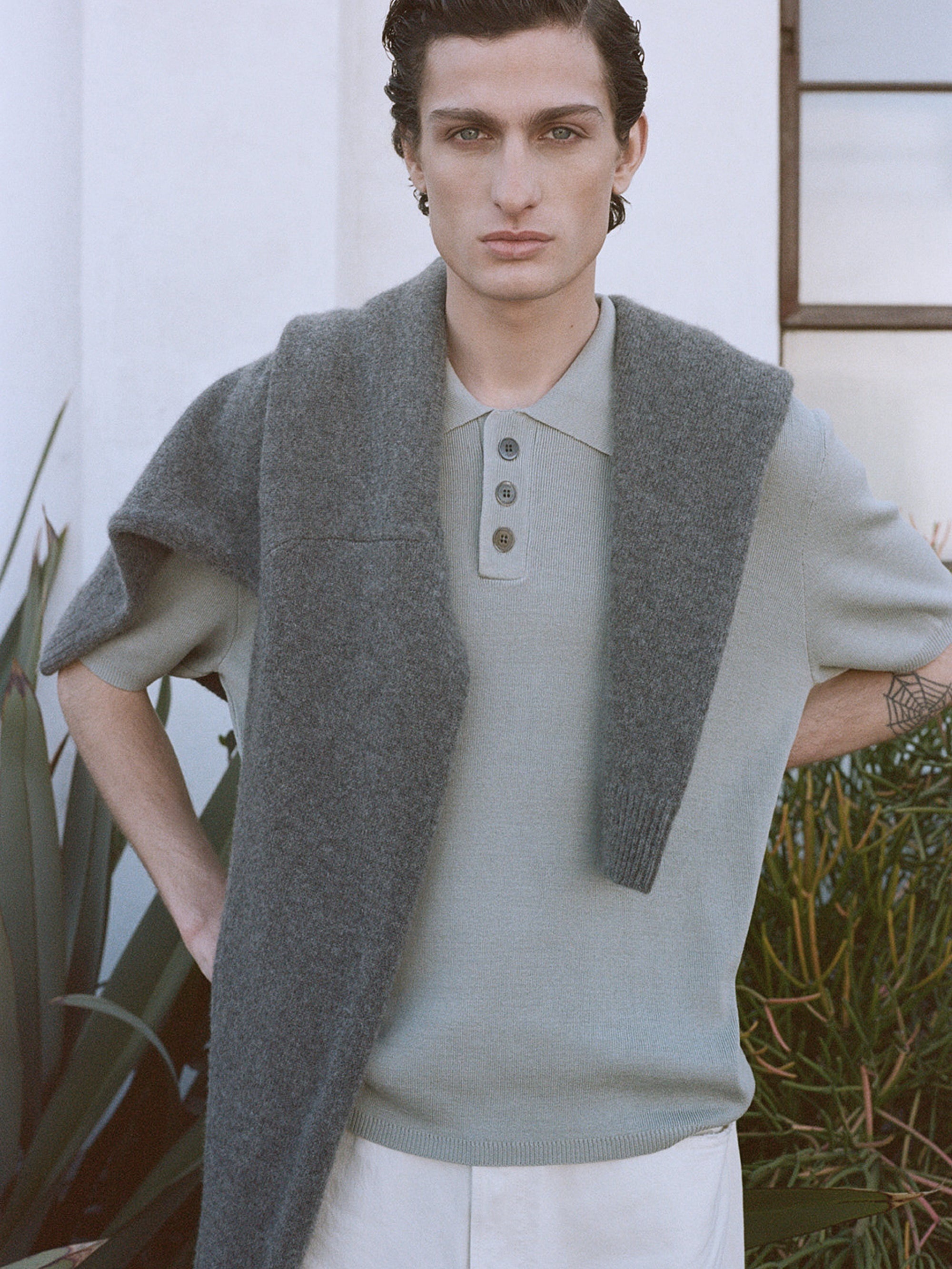Cotton Silk Polo Sweater in Grey Blue - 2