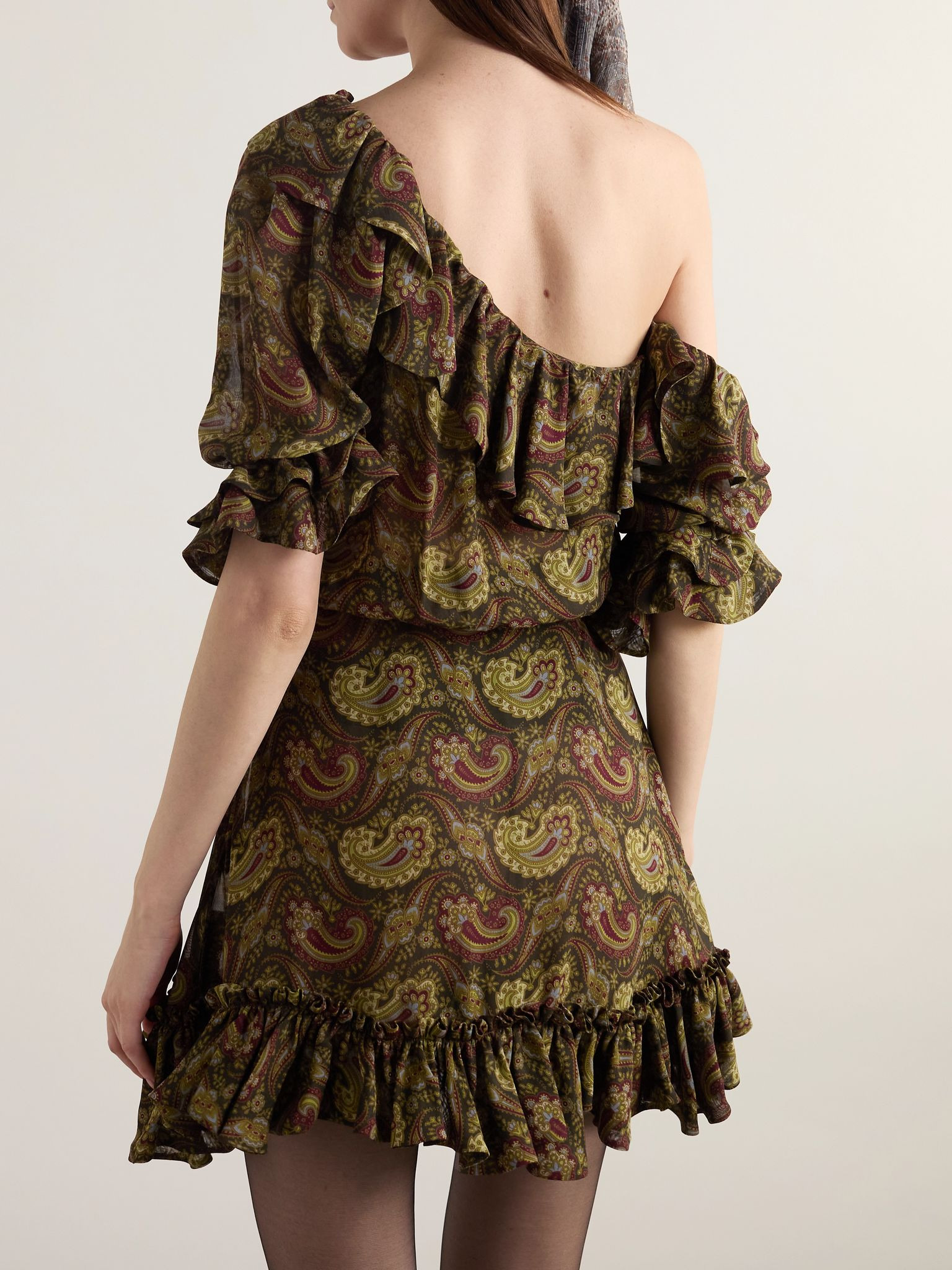 One-shoulder ruffled paisley-print georgette mini dress Brown - 4