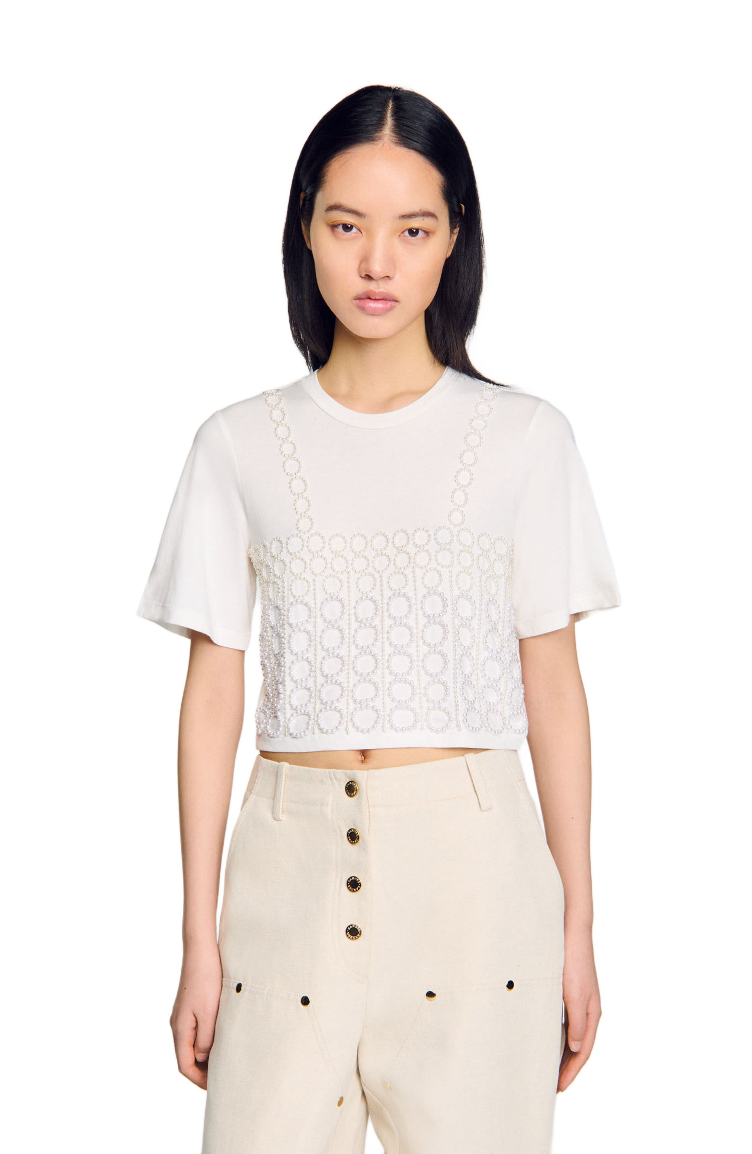 SANDRO Beaded cropped T-shirt in White at Nordstrom - 3