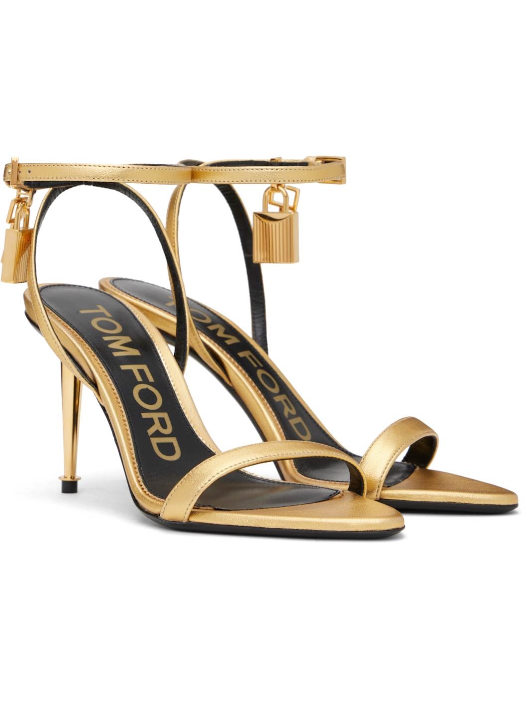 Gold Padlock Pointy Naked Heeled Sandals - 4