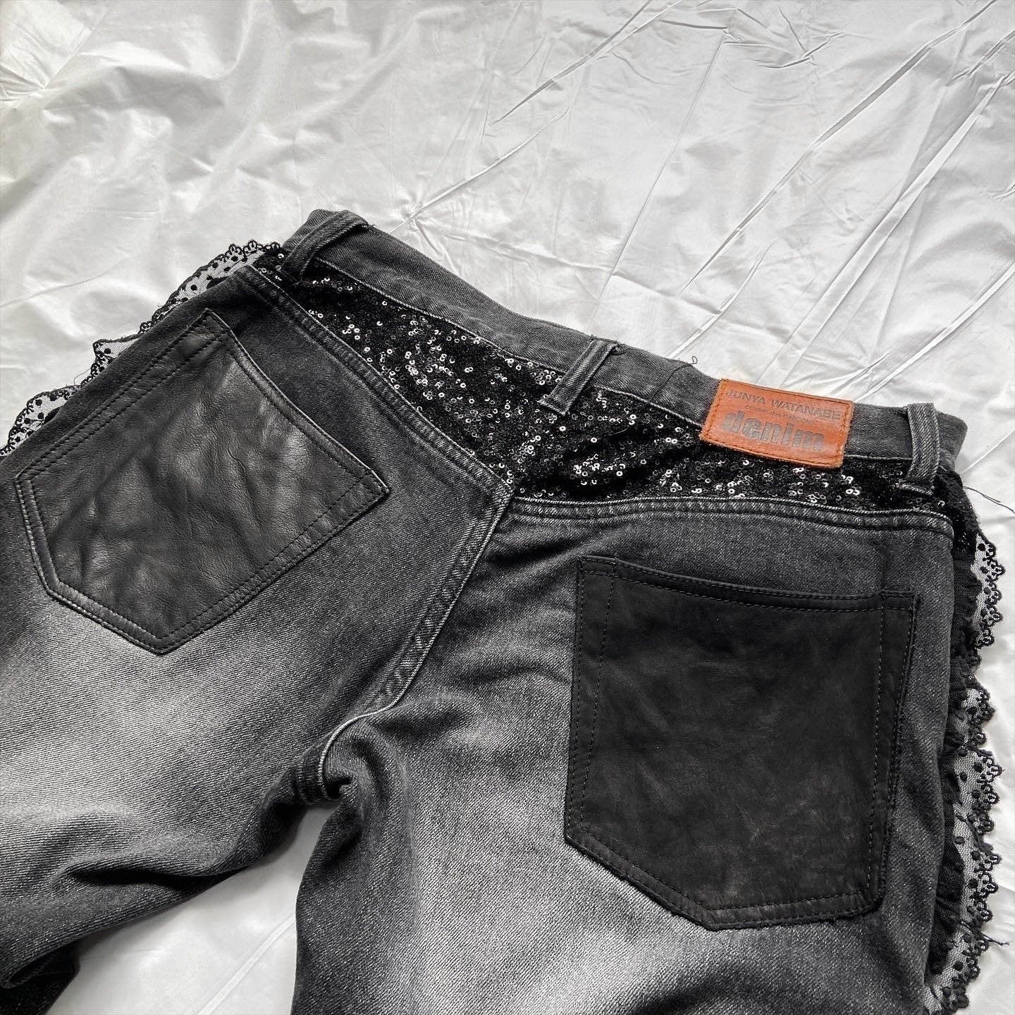 Junya watanabe black trompe l'oeil clawmark sequins lace jeans M - 6
