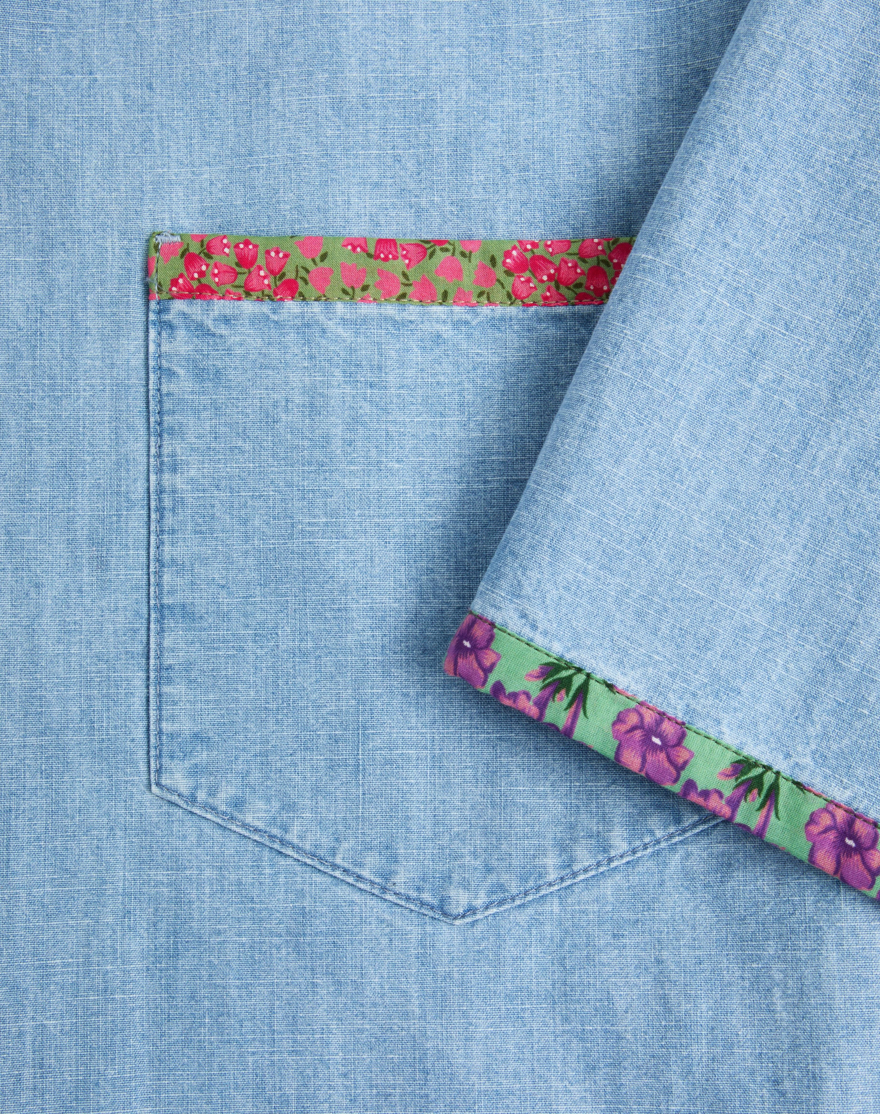 DENIM BOWLING SHIRT WITH FLORAL PRINT TRIM - 8