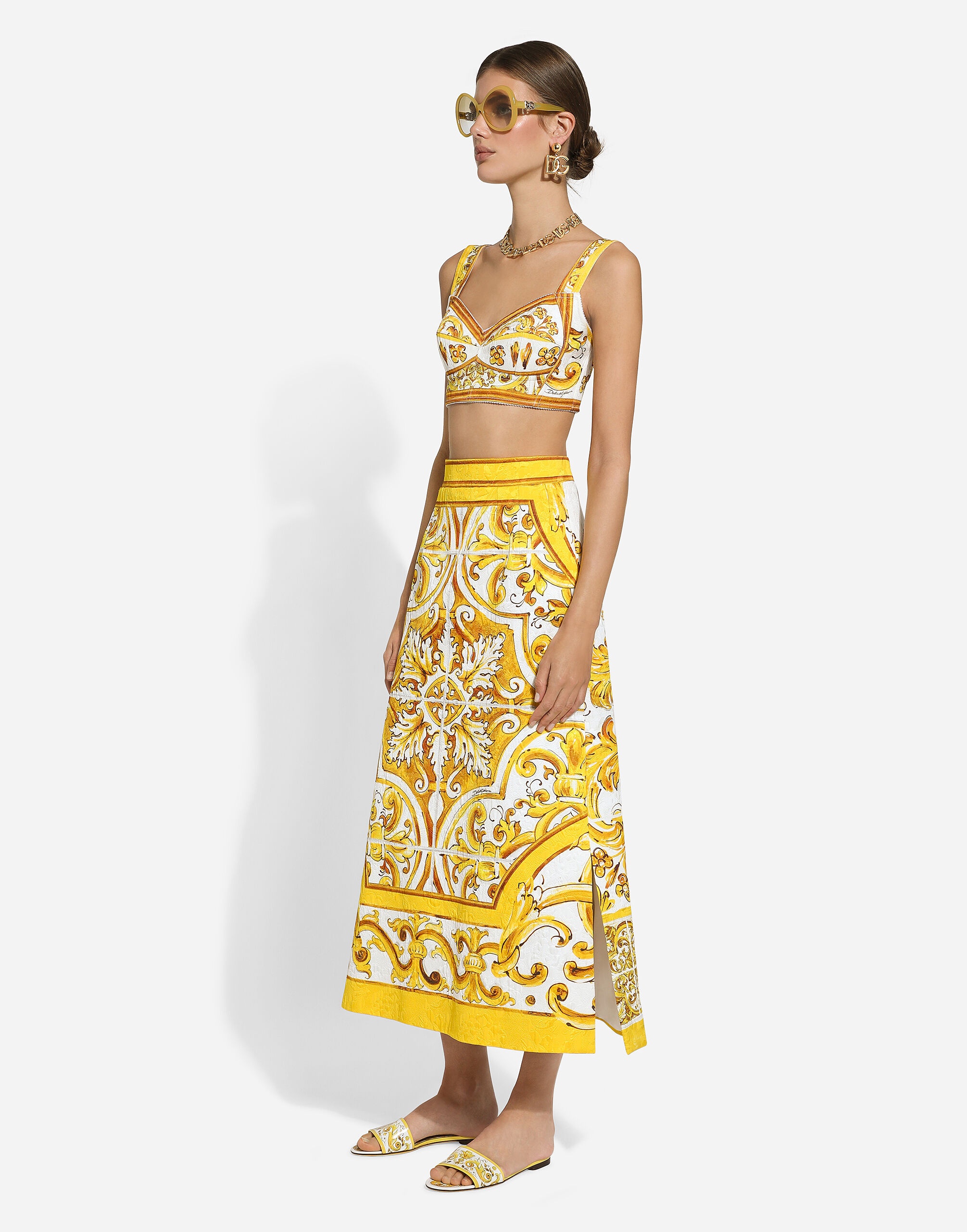 Majolica-print brocade calf-length skirt - 5