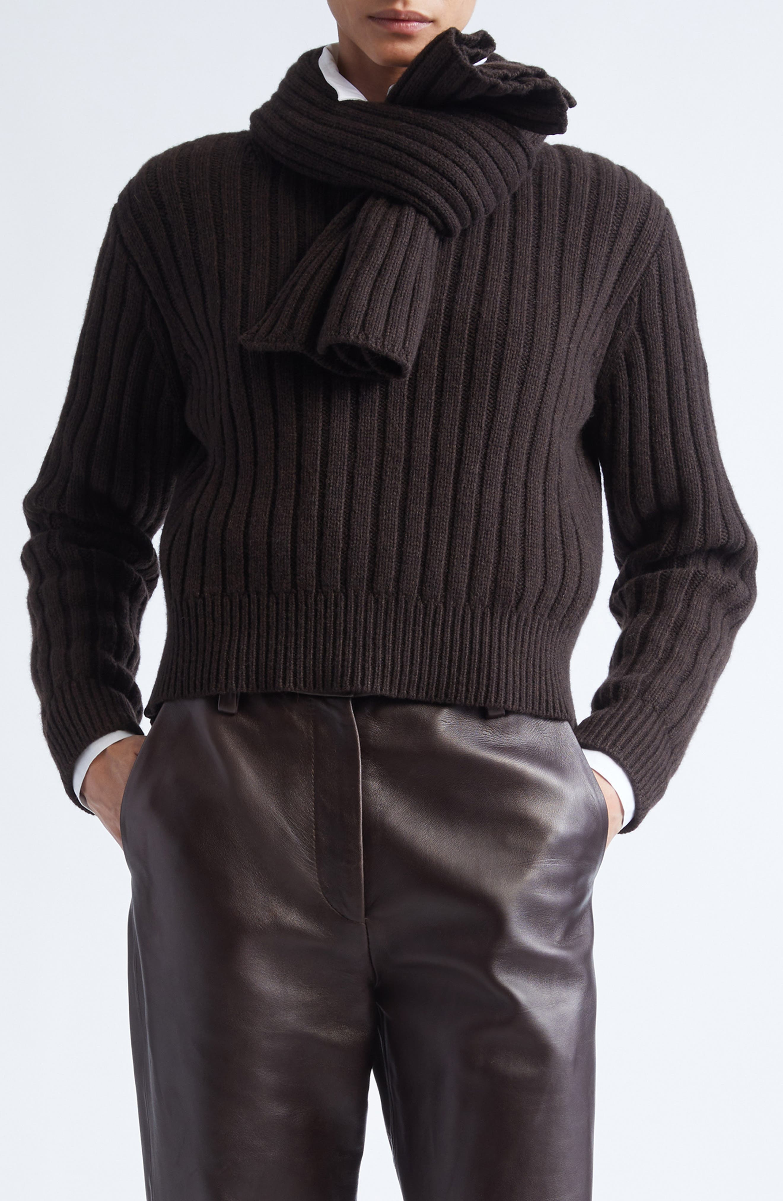 Brandon Maxwell The Ryan Rib Recycled Cashmere Scarf Sweater in Chocolate Brown at Nordstrom - 1