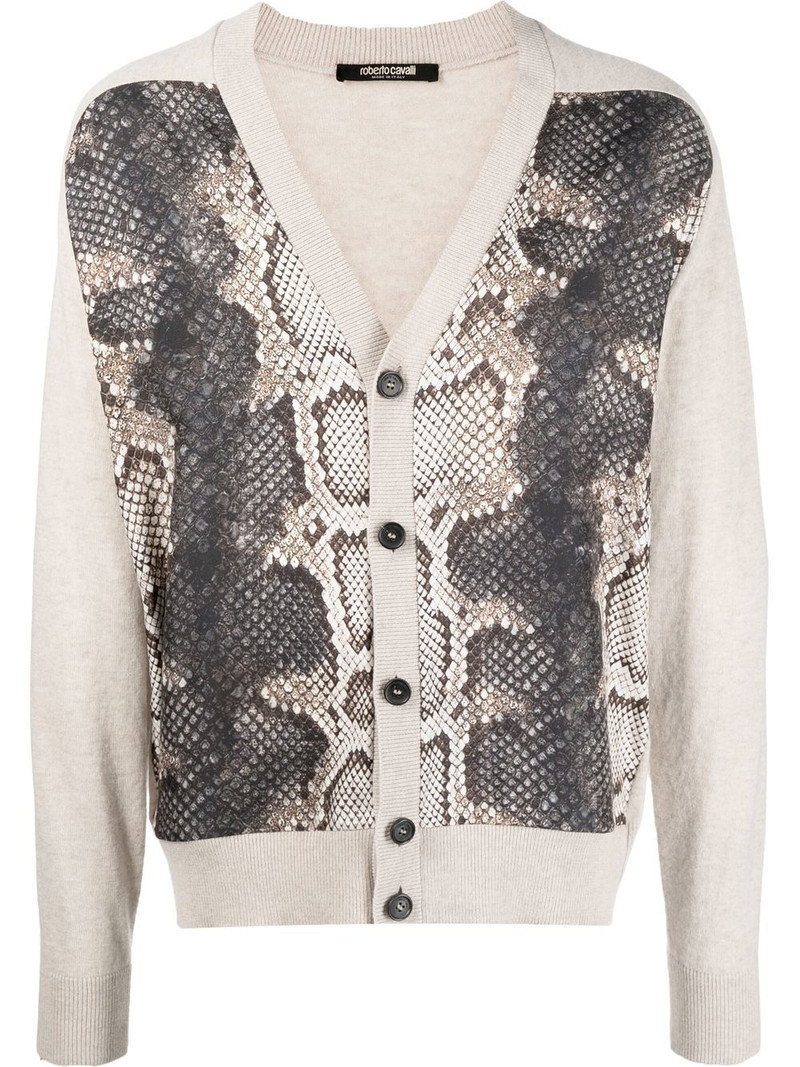 snakeskin-print panelled cardigan 1