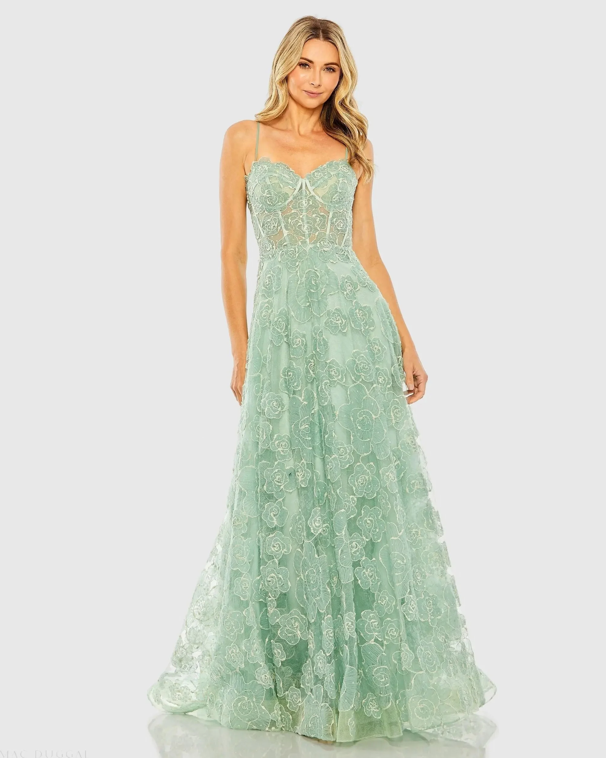 Green Embroidered Sweetheart Neck A-Line Gown - 1