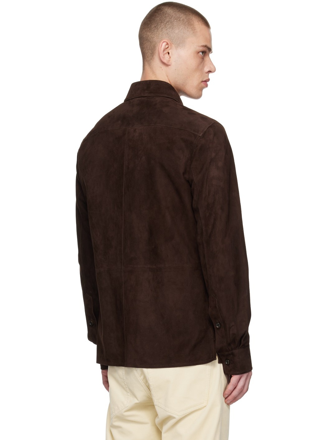 Brown Spread Collar Suede Jacket - 3