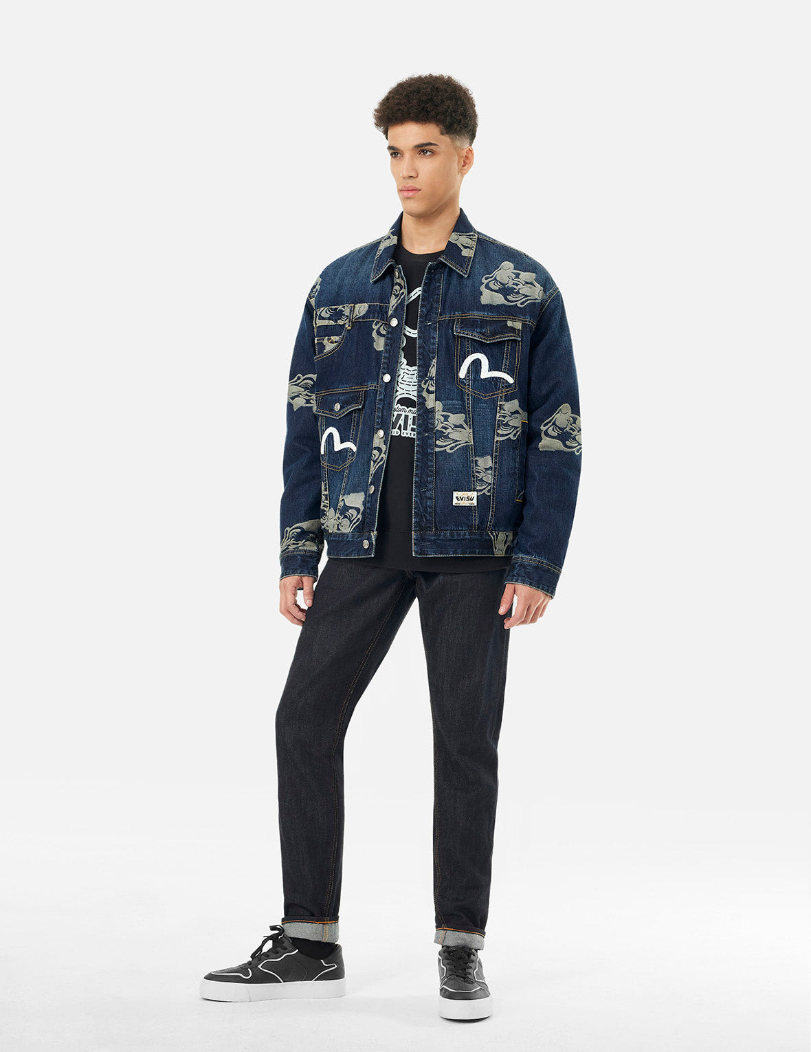 Allover Godhead Jacquard and Seagull Embroidery Loose Fit Deconstructive Denim Jacket - 3