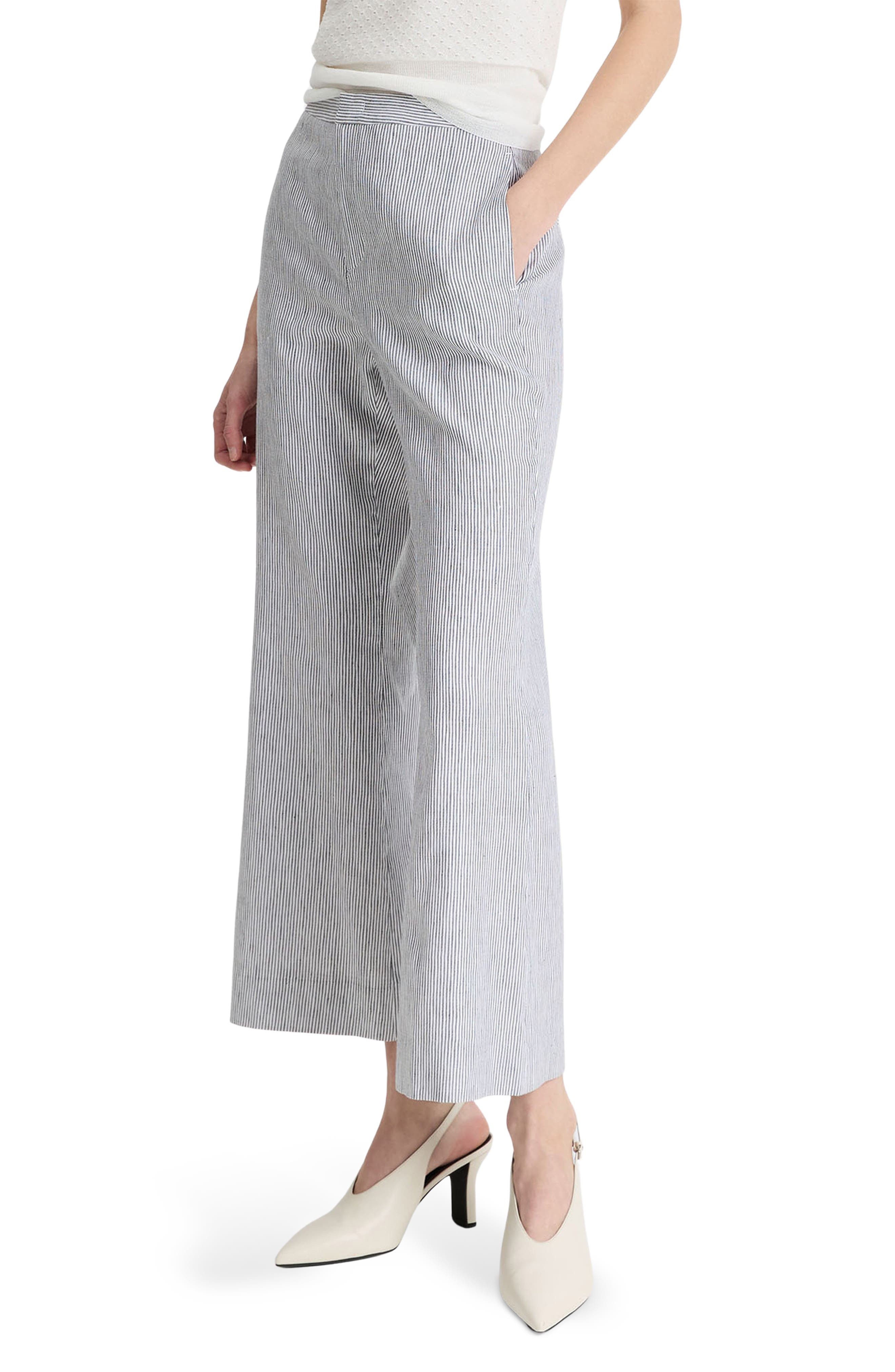 Vince Ticking Stripe Crop Flare Linen & Cotton Pants in Iris Slate/Off White at Nordstrom - 3