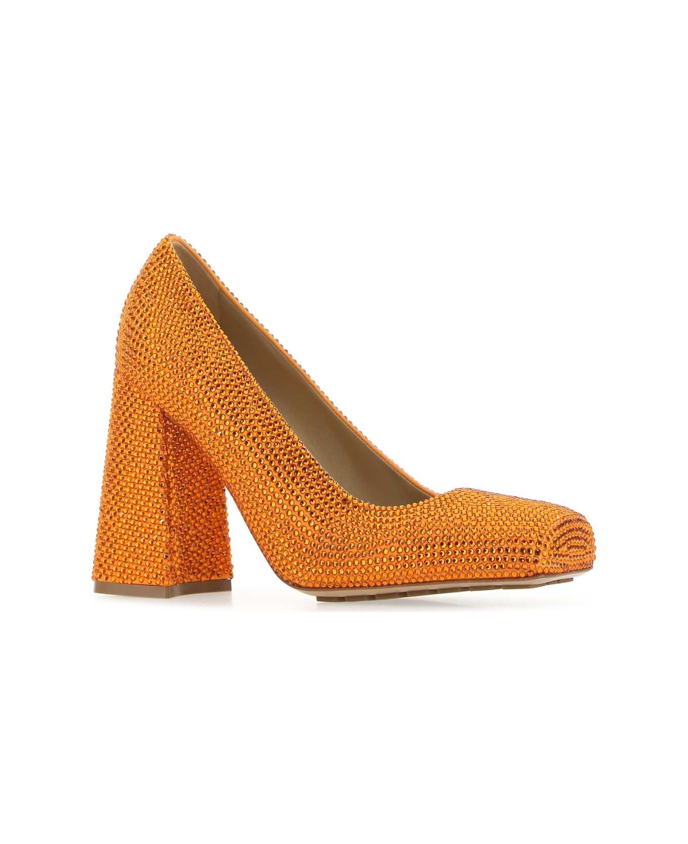 Orange Leather And Rhinestones Tower Pumps - 2