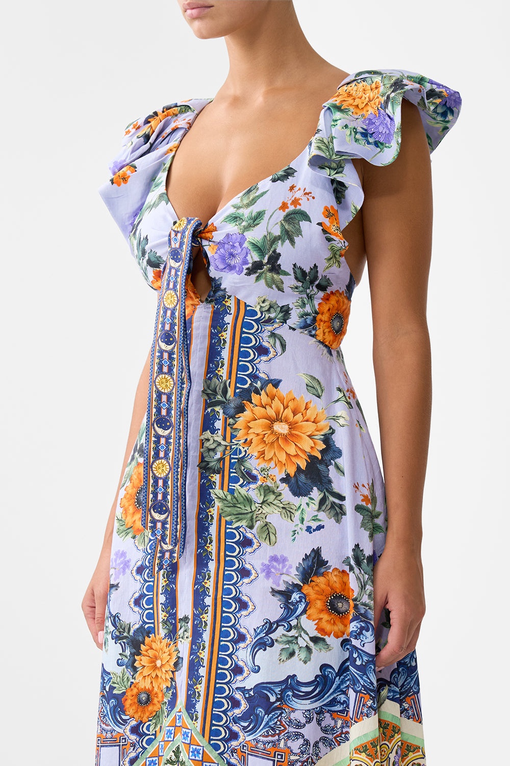 TIE FRONT FRILL SLEEVE LONG DRESS - 5