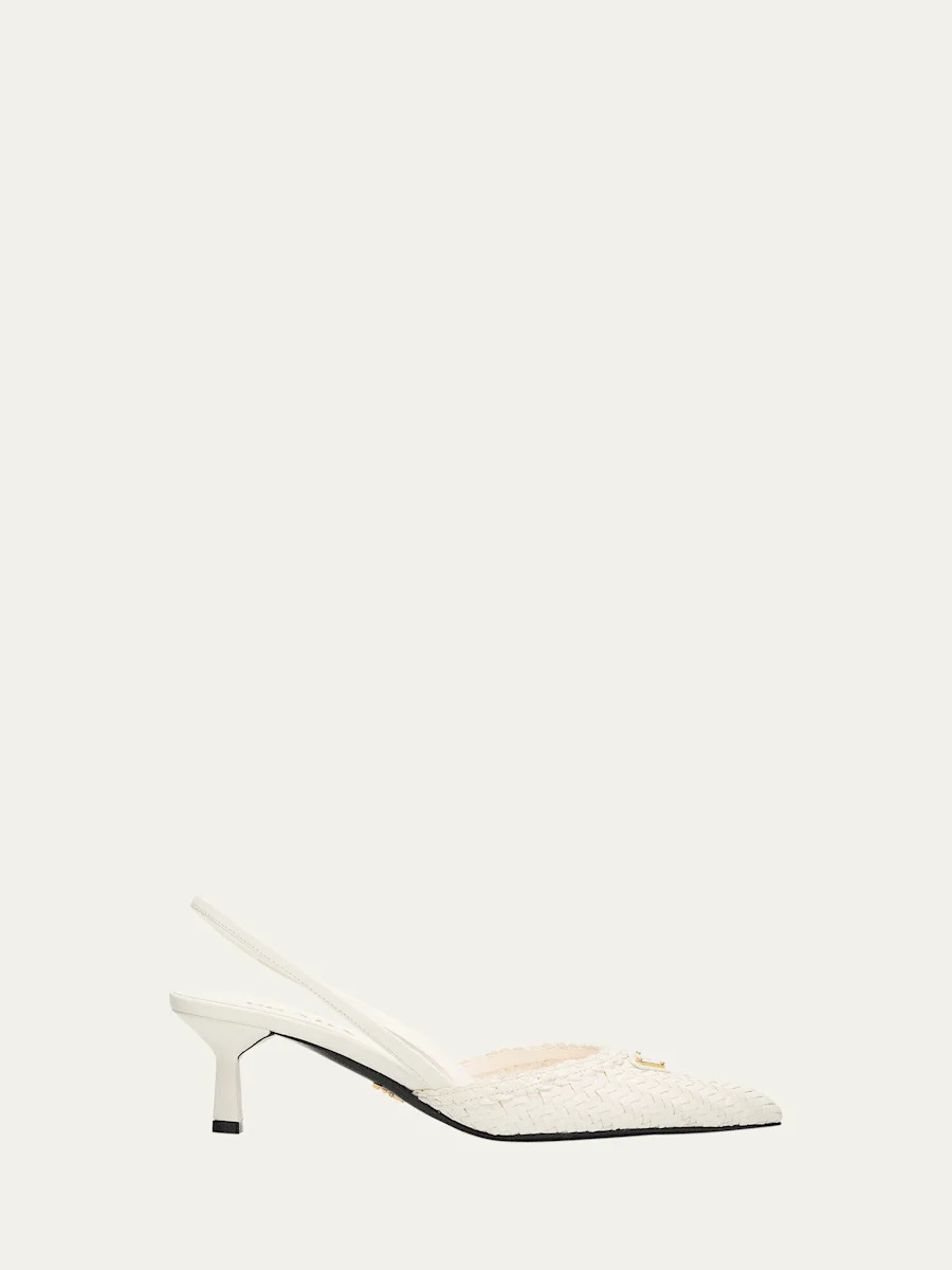 55mm Triangle Logo Woven Leather Slingback Pumps - 1