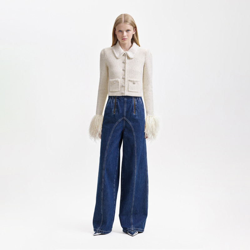 Cream Sequin Pearl Cropped Feather Cardigan 1