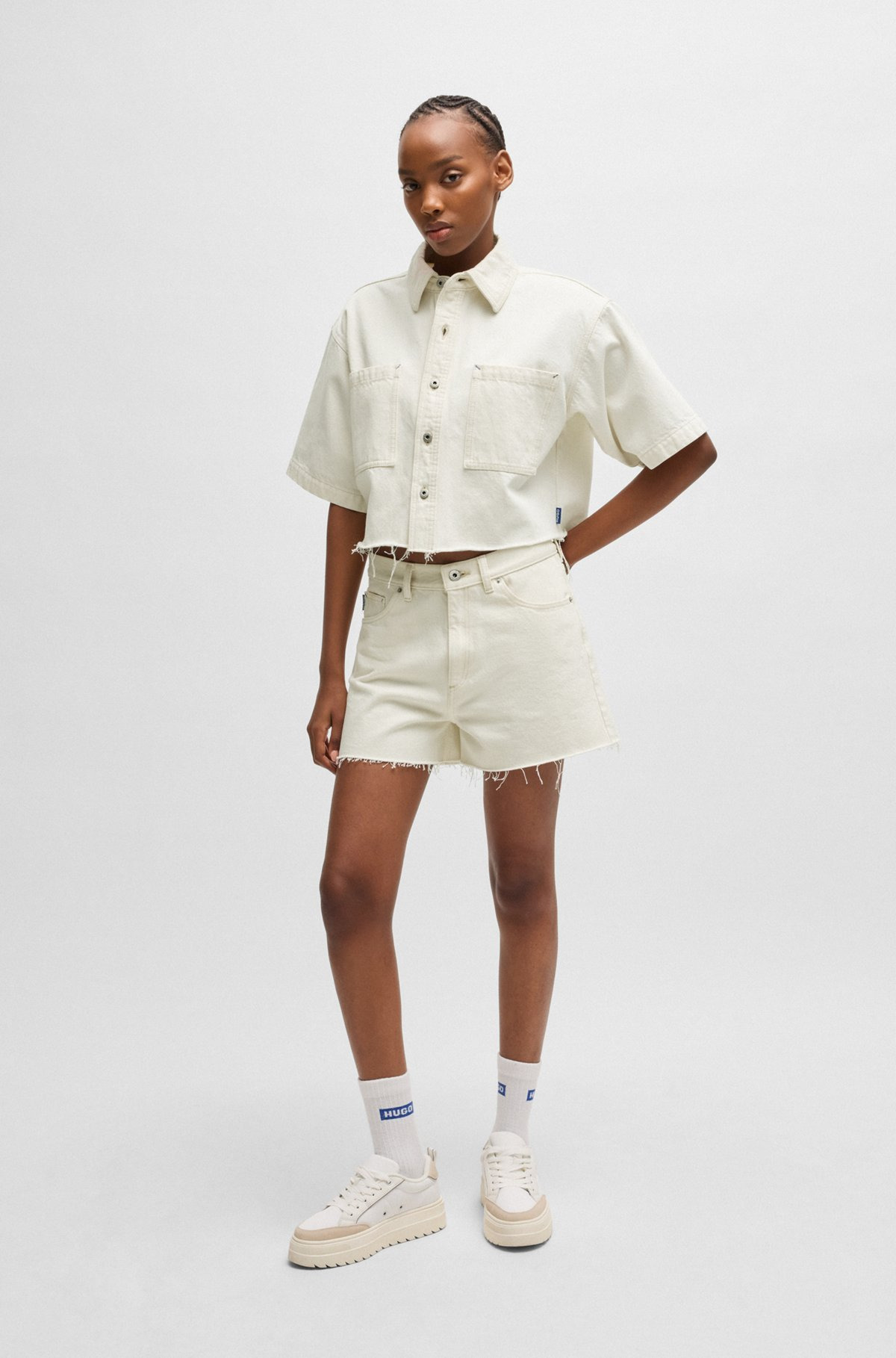 CROPPED ECRU-DENIM BLOUSE WITH RAW HEM - 3