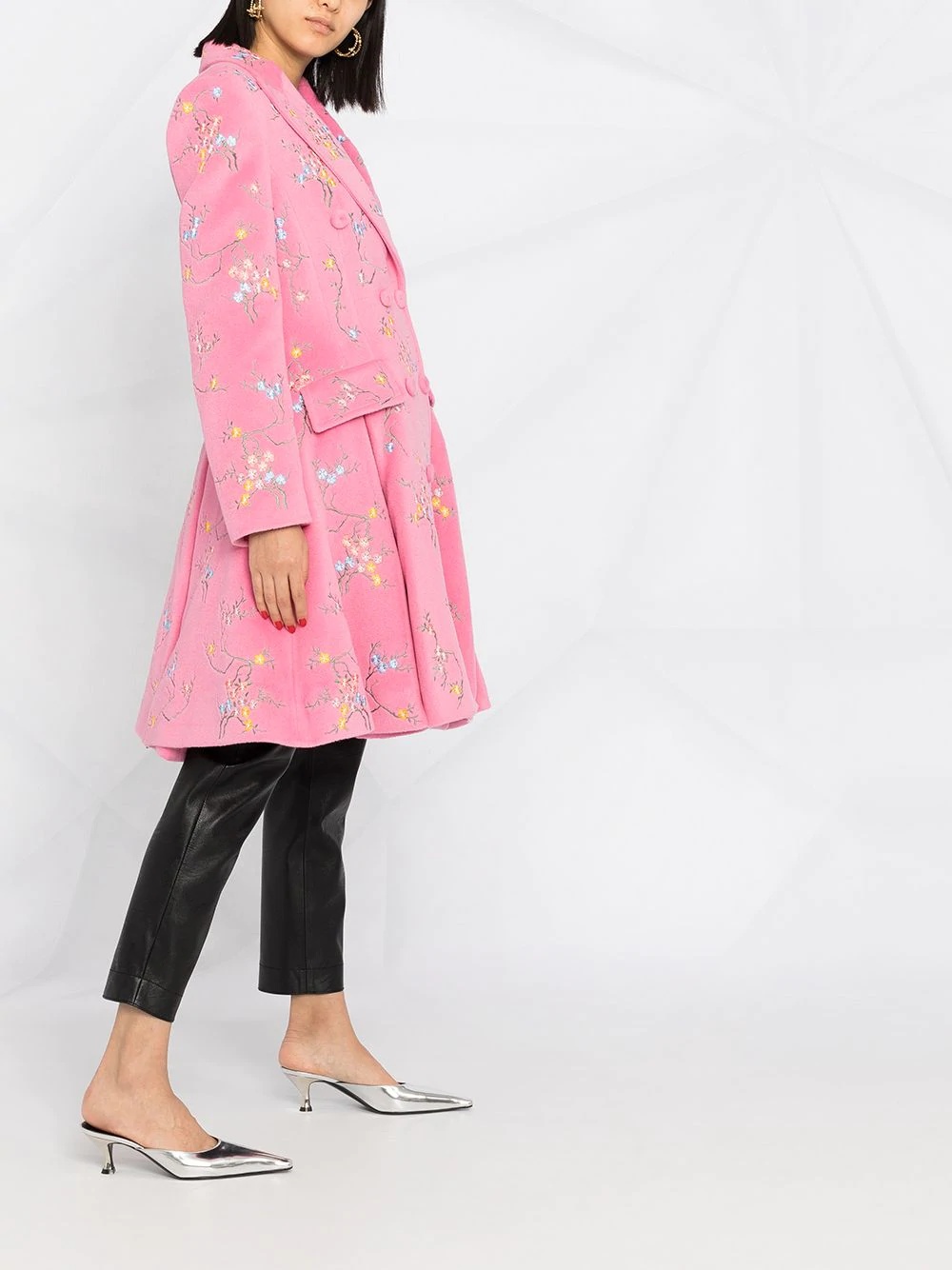 floral-embroidered flared coat - 6