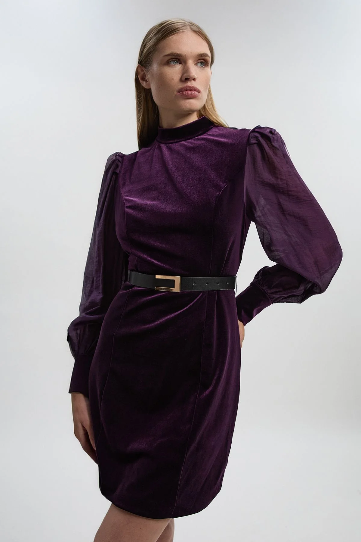 Velvet Mesh Sleeve Belt Detail Woven Mini Dress - 1