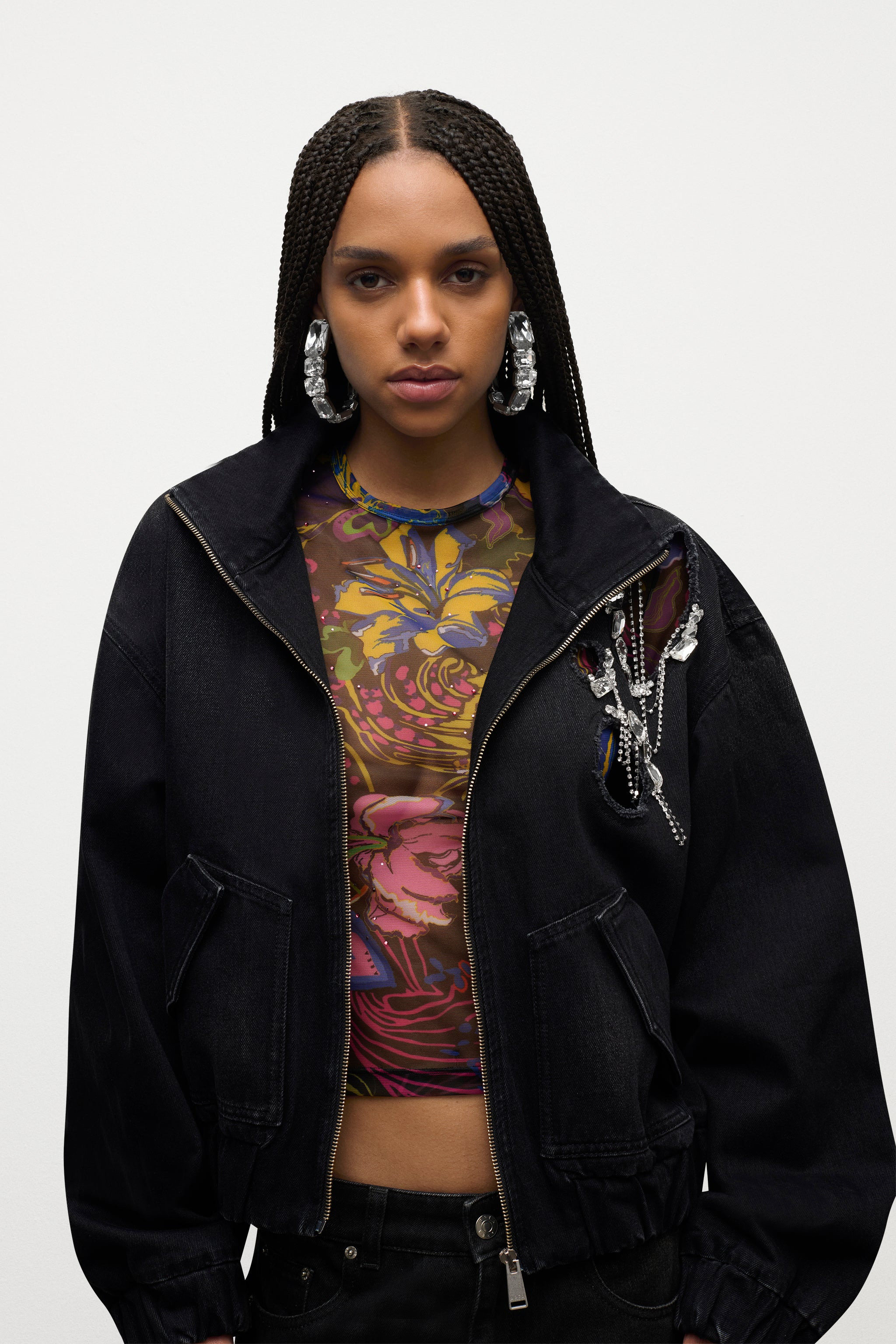 CRYSTAL CHAIN CUTOUT BOMBER JACKET - 6