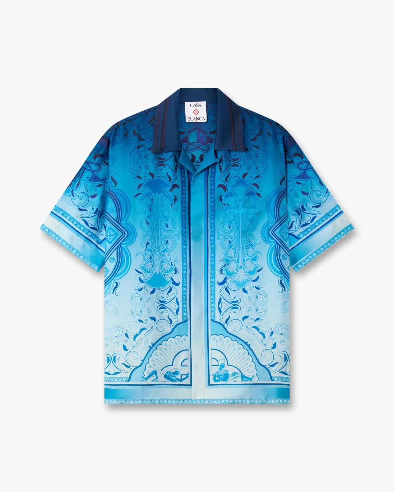 Blue Gradient Egyptian Rug Short Sleeve Silk Shirt - 1