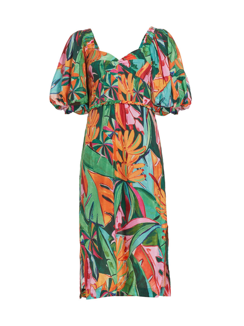 Women's Banana Foliage Puff-Sleeve Cotton Voile Midi-Dress 1