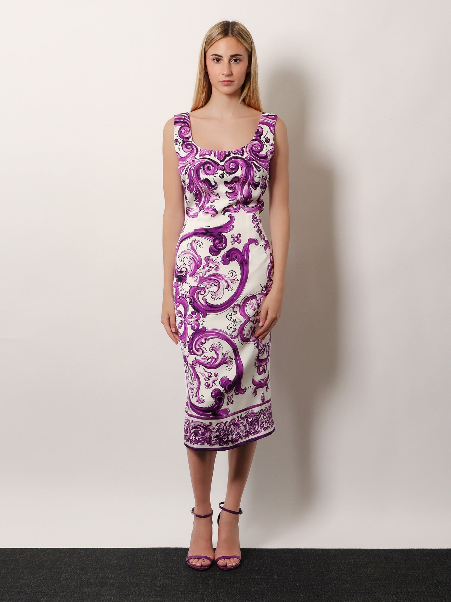 Dolce & Gabbana Women Silk Midi Pencil Dress With Maiolica Print - 2