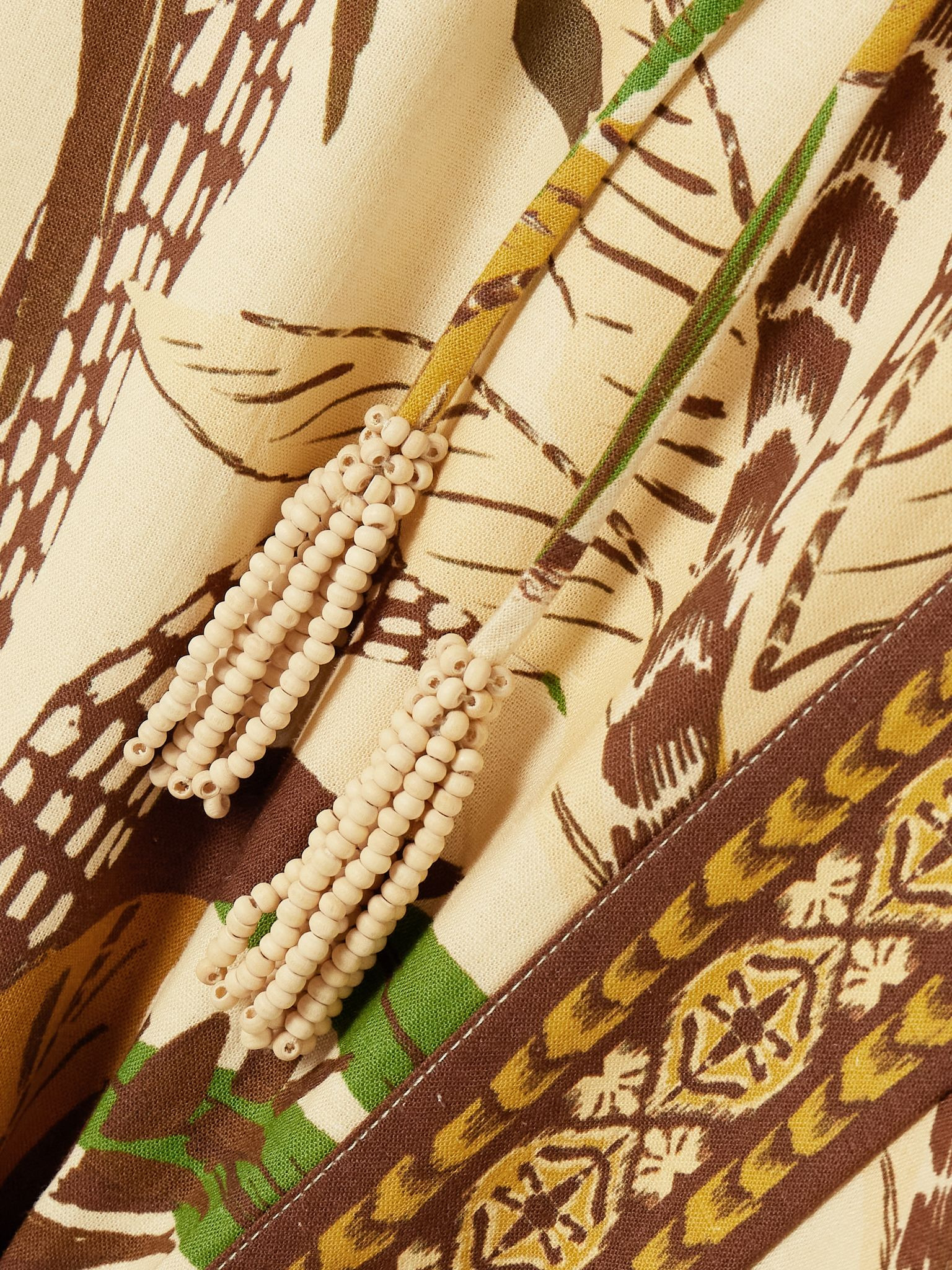 Tasseled printed linen-blend wrap midi skirt Beige - 4