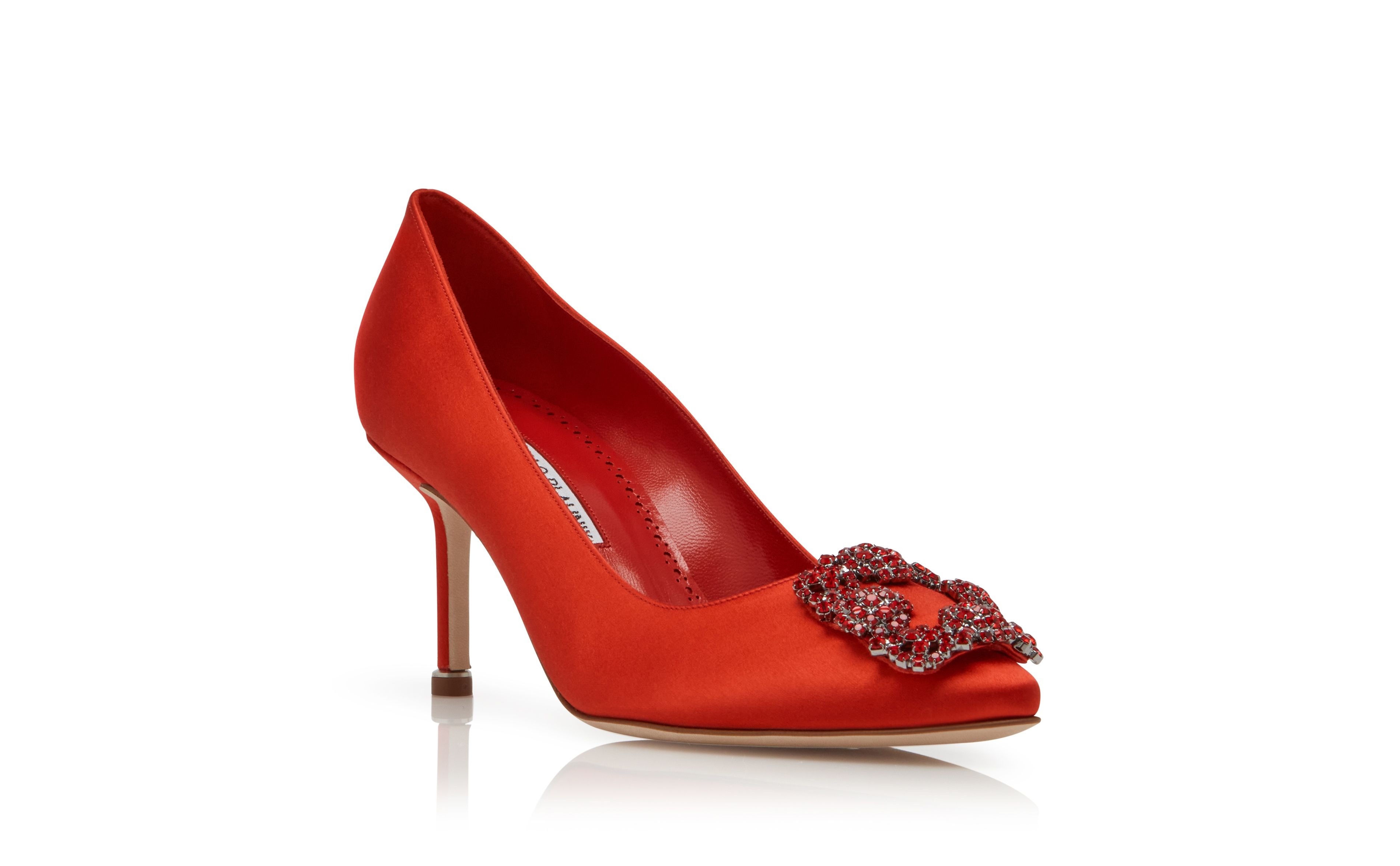 Red Satin Jewel Buckle Pumps - 3