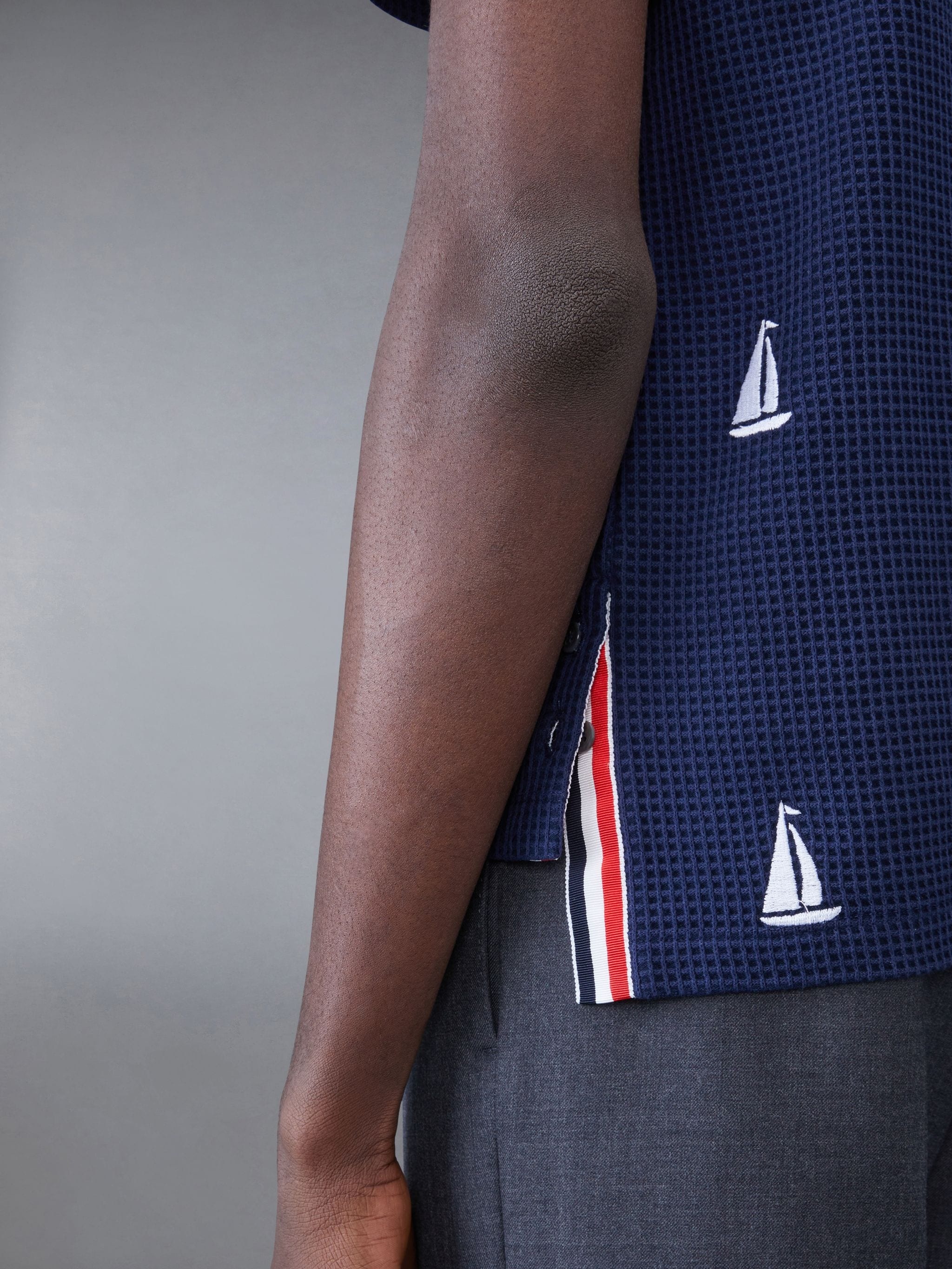 Textured Check Whale and Sailboat Short Sleeve Shirt - 6