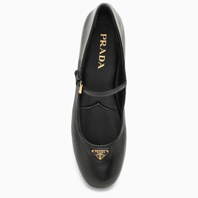 【PRADA】Black leather ballerina with logo triangle Prada Prada Black Leather Ballerina With Logo Triangle Women