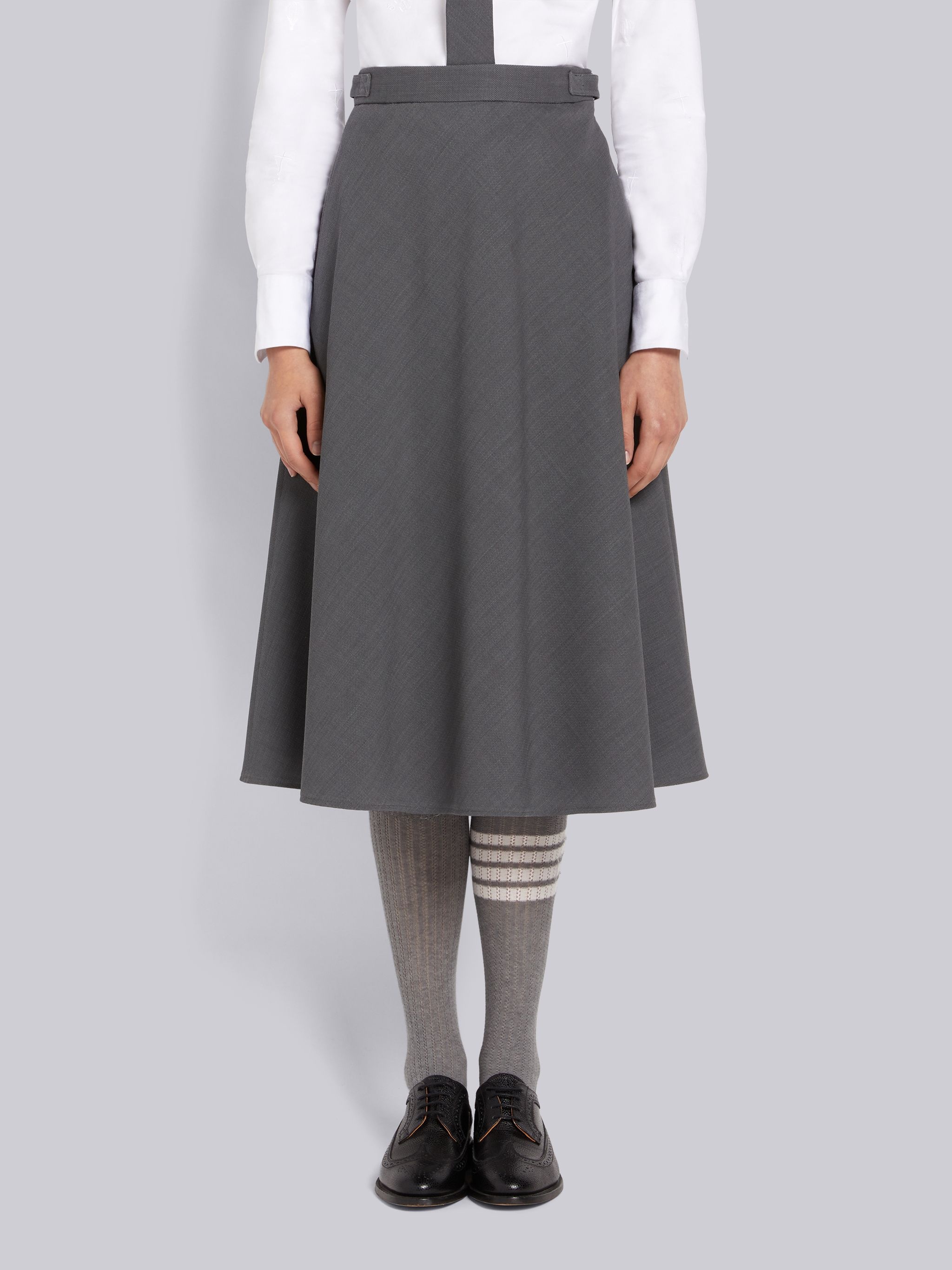 Medium Grey Wool Pique Suiting Side Tab A-line Below the Knee Skirt - 1