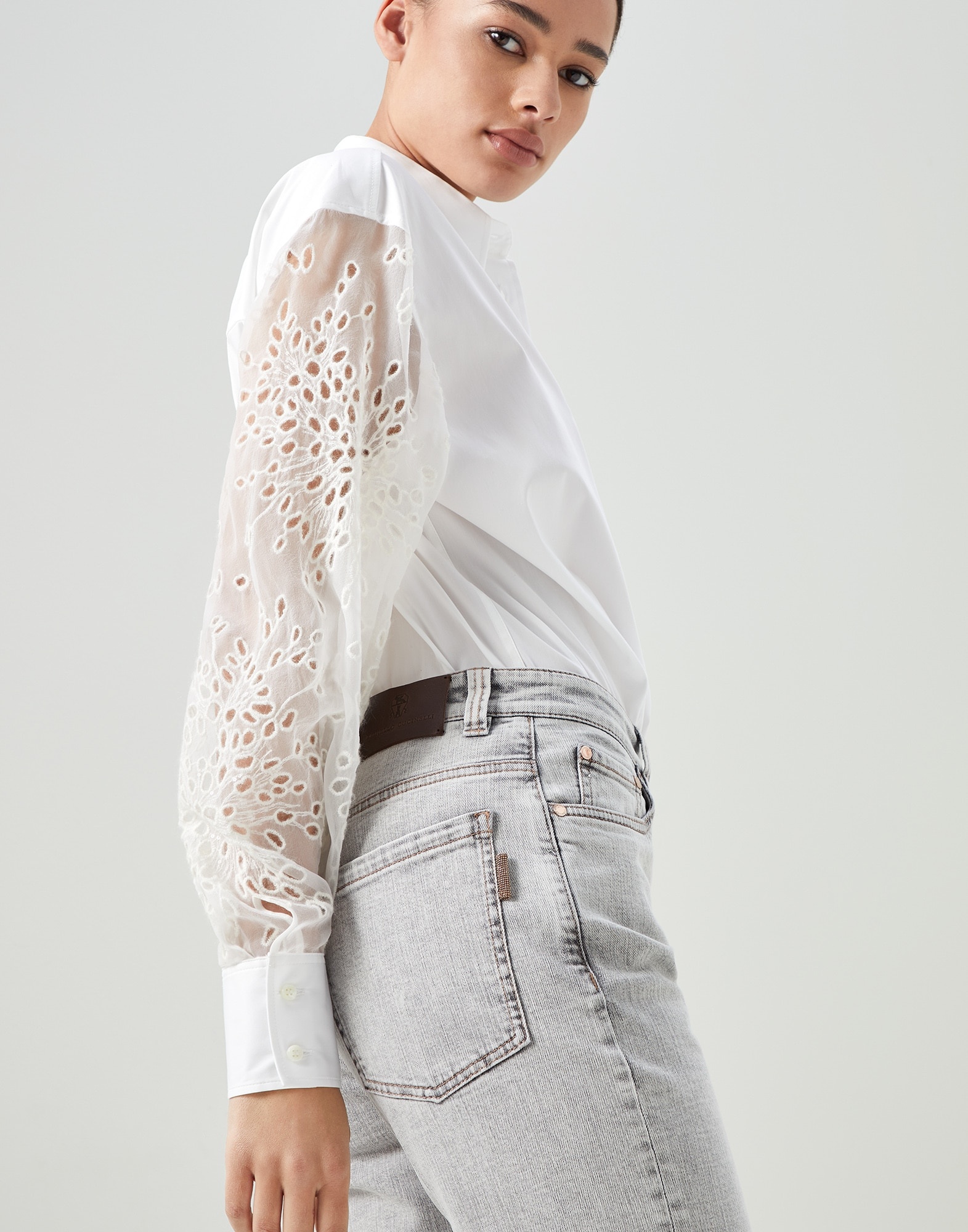 Comfort denim flared trousers with shiny tab - 3