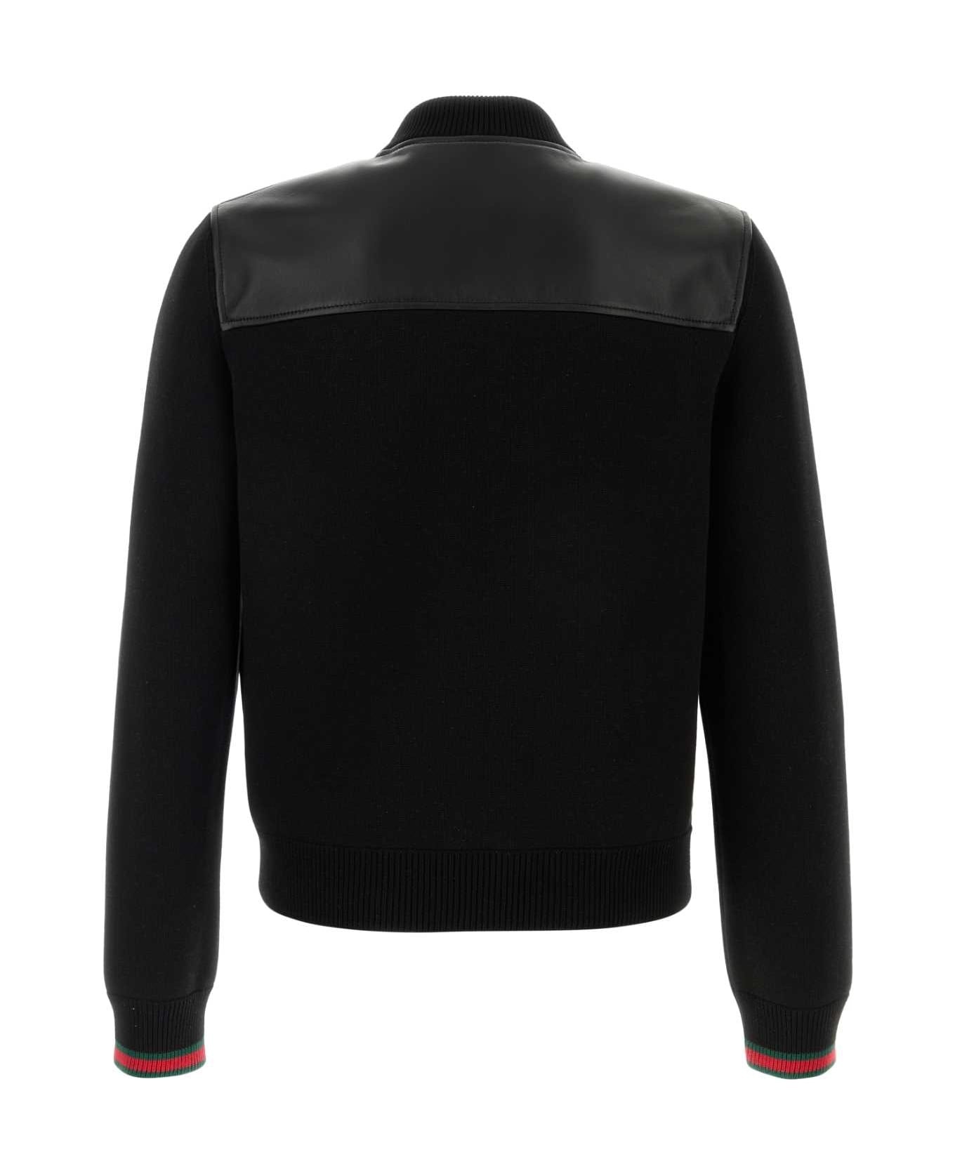Black Nappa Leather And Knit Bomber Jacket - 2