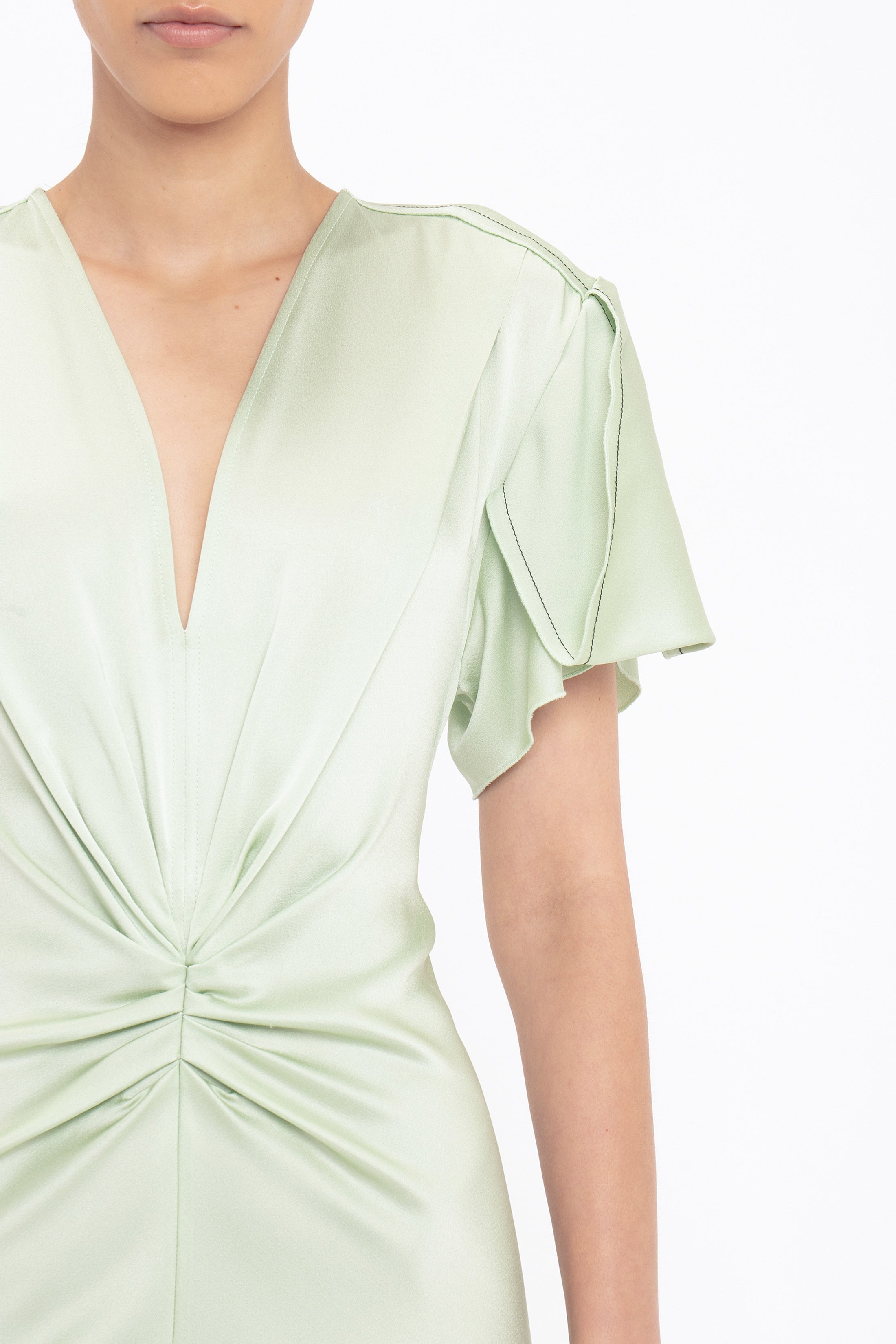 Gathered V-Neck Midi Dress In Jade - 5