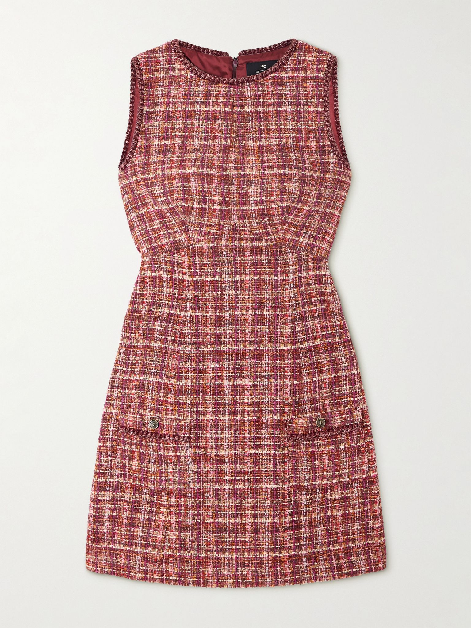 Checked cotton-blend bouclé-tweed mini dress Red - 1