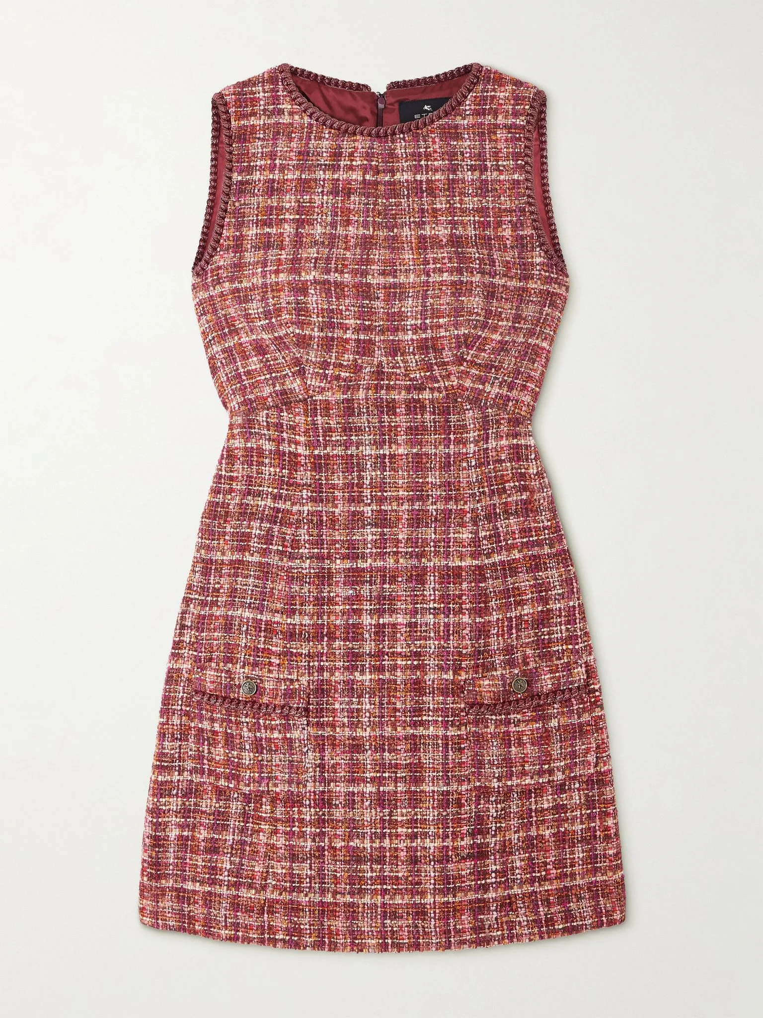 Checked cotton-blend bouclé-tweed mini dress Red - 1