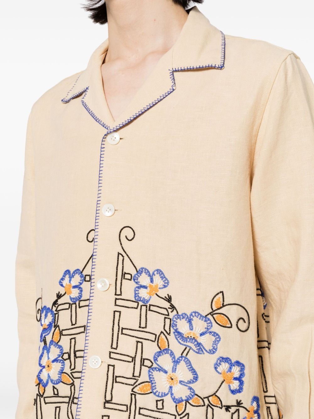 embroidered-design linen shirt - 5