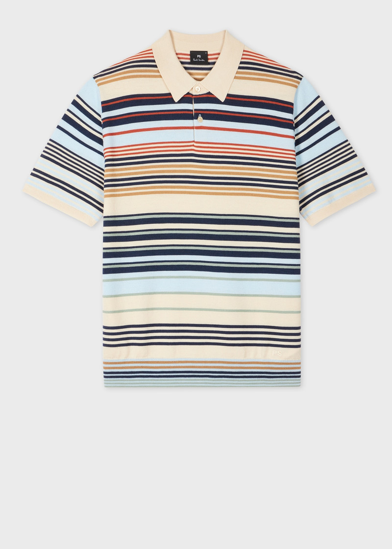 Ecru Multi-Stripe Merino Wool Polo Shirt 1