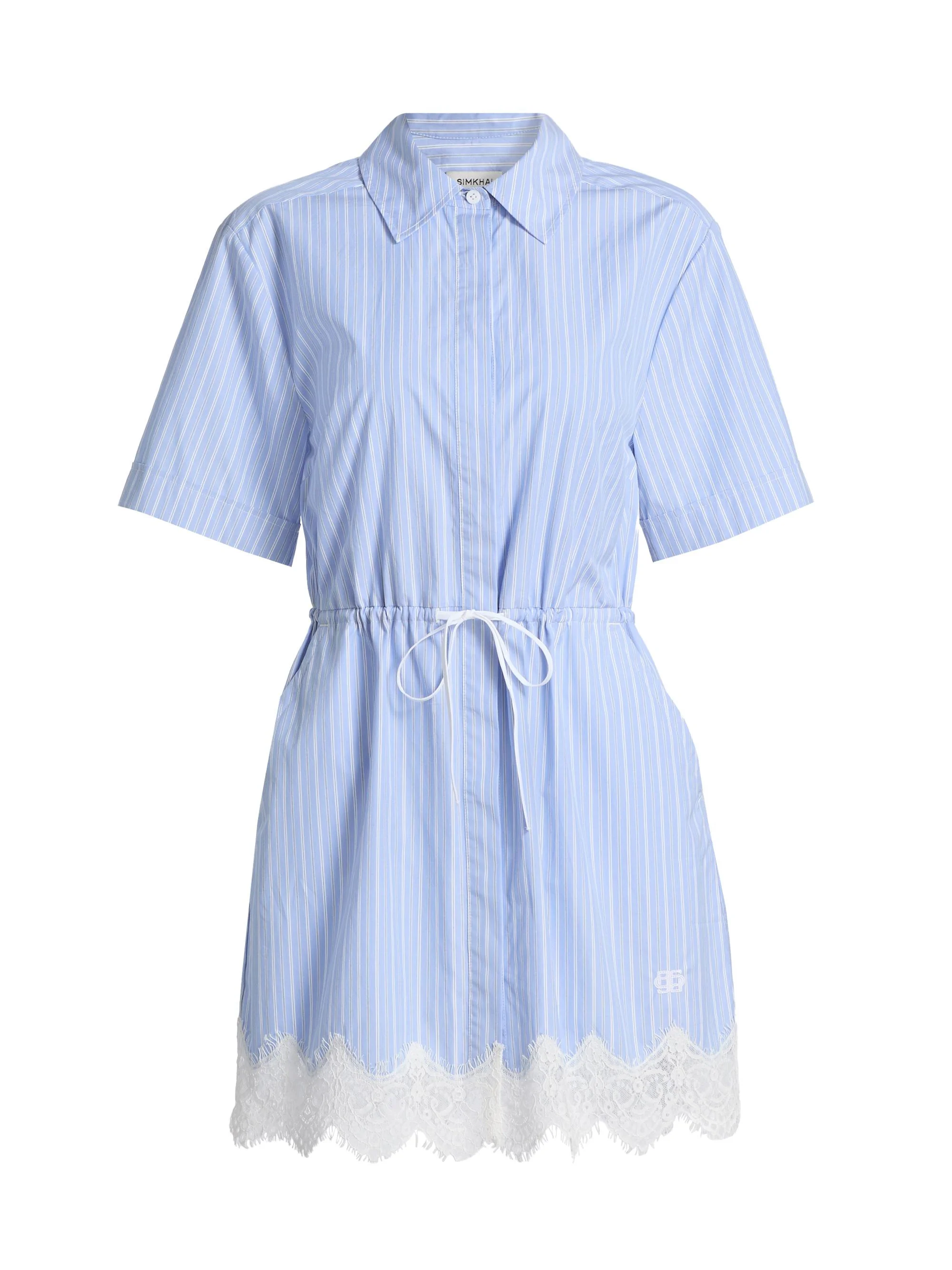 Women's Contrast Lace-Trim Poplin Mini-Shirtdress - Oxford Blue Stripe - 1