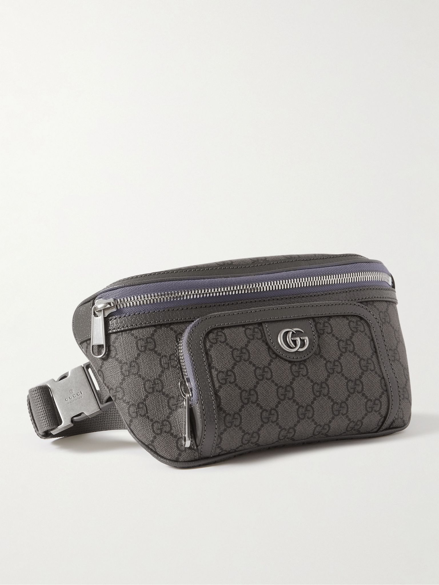 Ophidia Leather-Trimmed Monogrammed Coated-Canvas Belt Bag Gray - 1