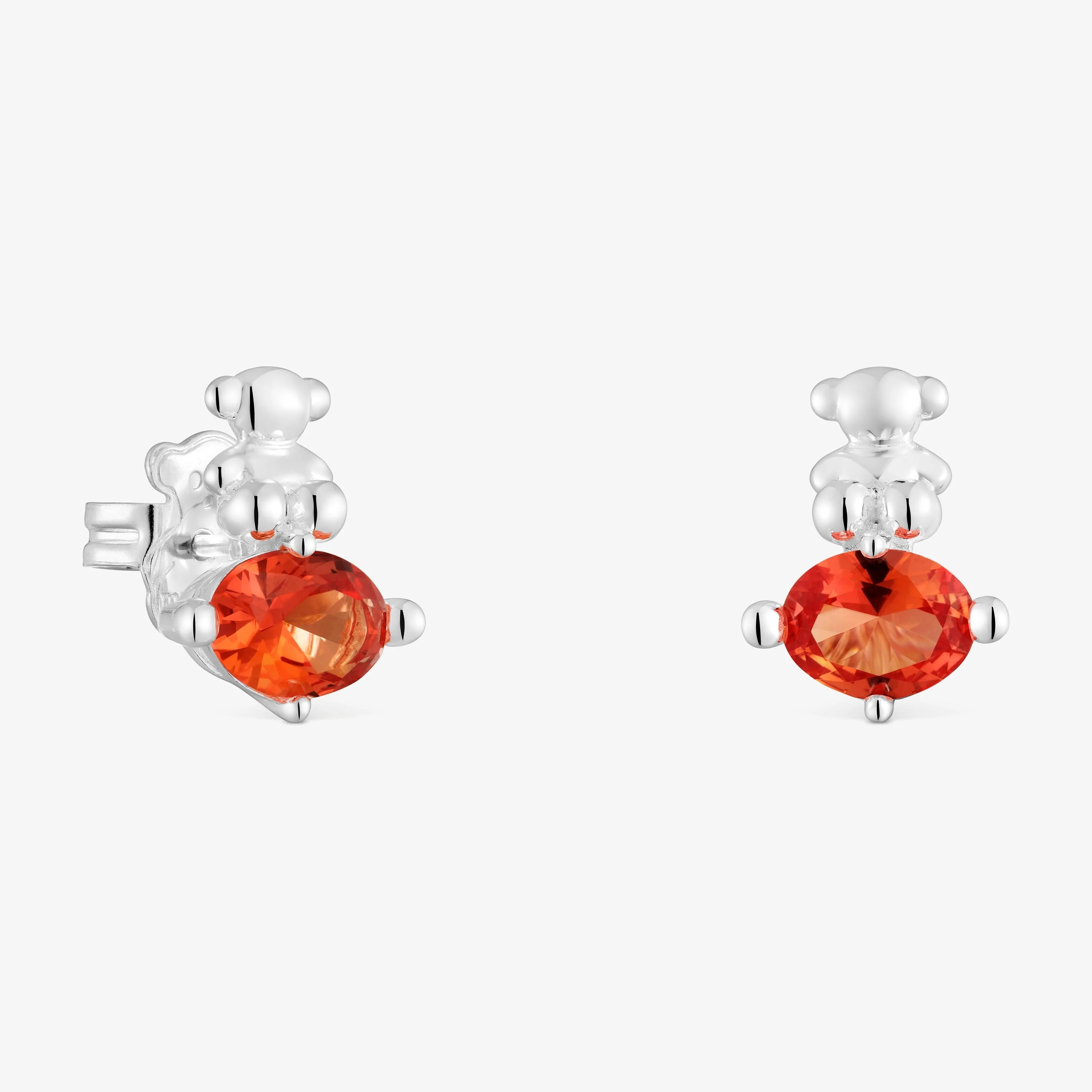 Silver bear motif Earrings with lab-grown orange sapphire Bold Bear LGG - 1