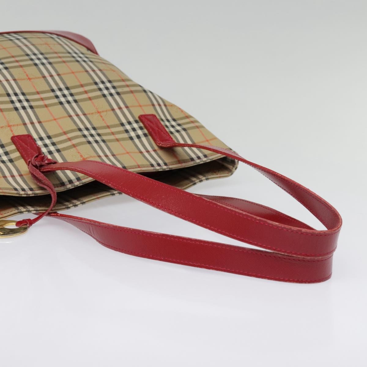 Burberry Nova Check Tote Bag Canvas Leather Beige Gold Red - 7