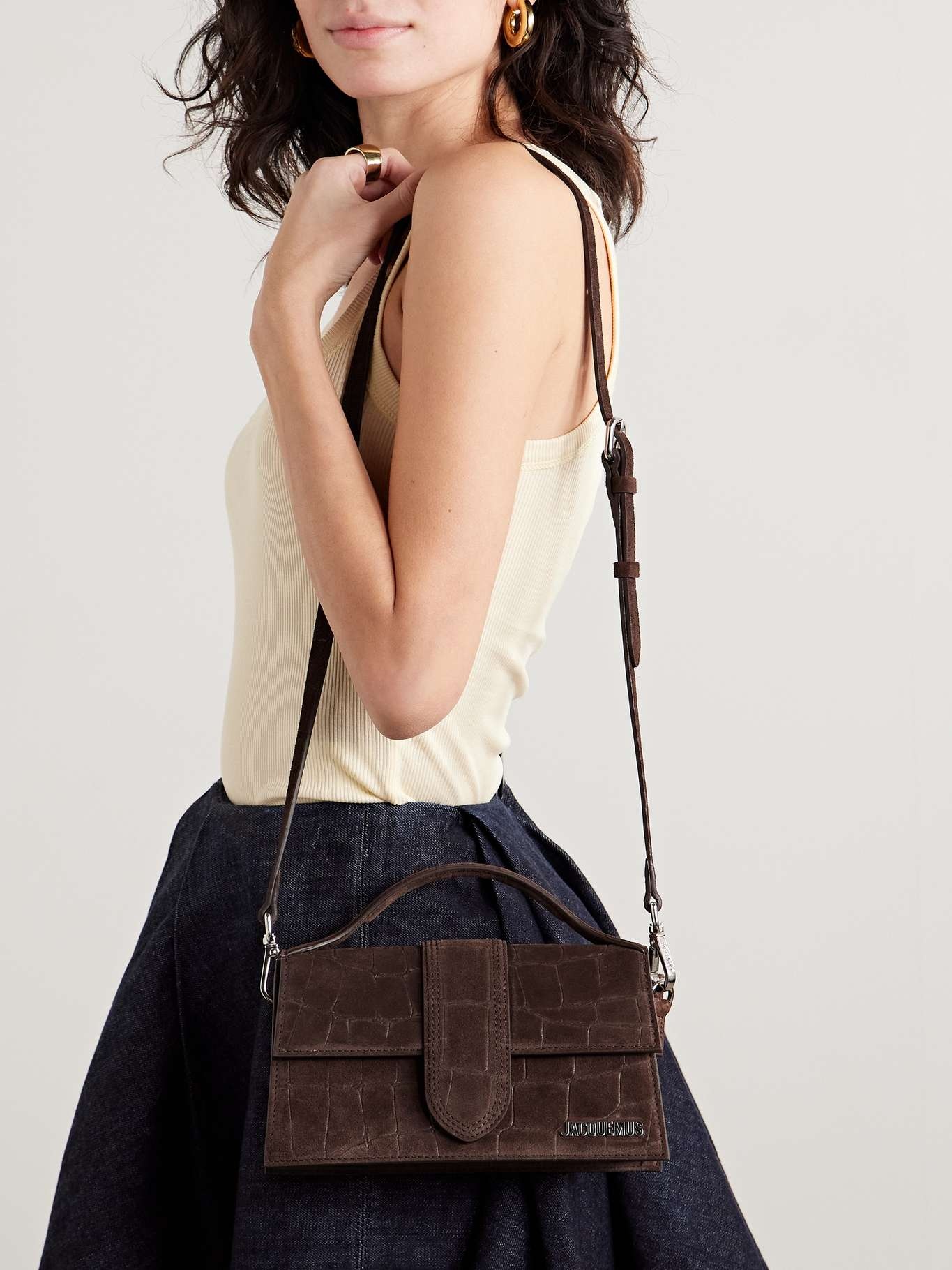 The Bambino large croc-effect suede tote Dark brown - 6