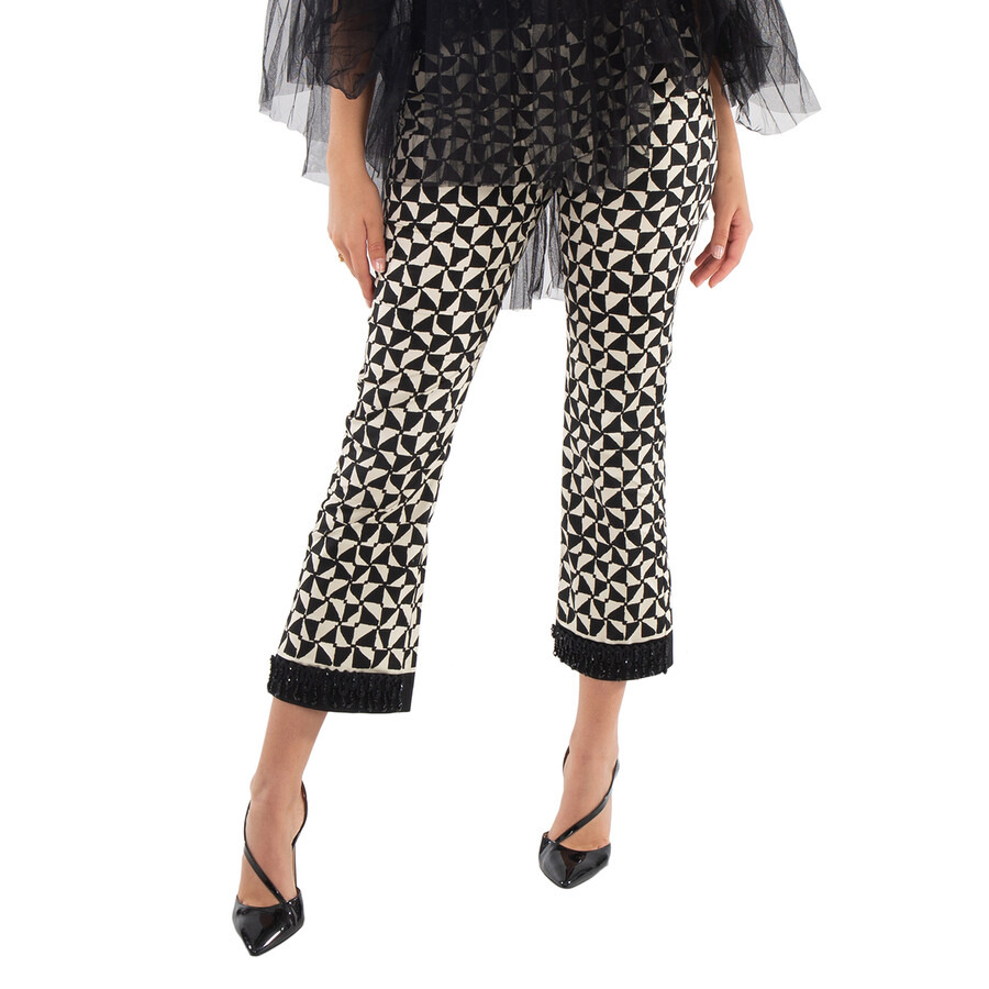 Max Mara Ladies Ecru Geometric-Pattern Print Cropped Pants - 3