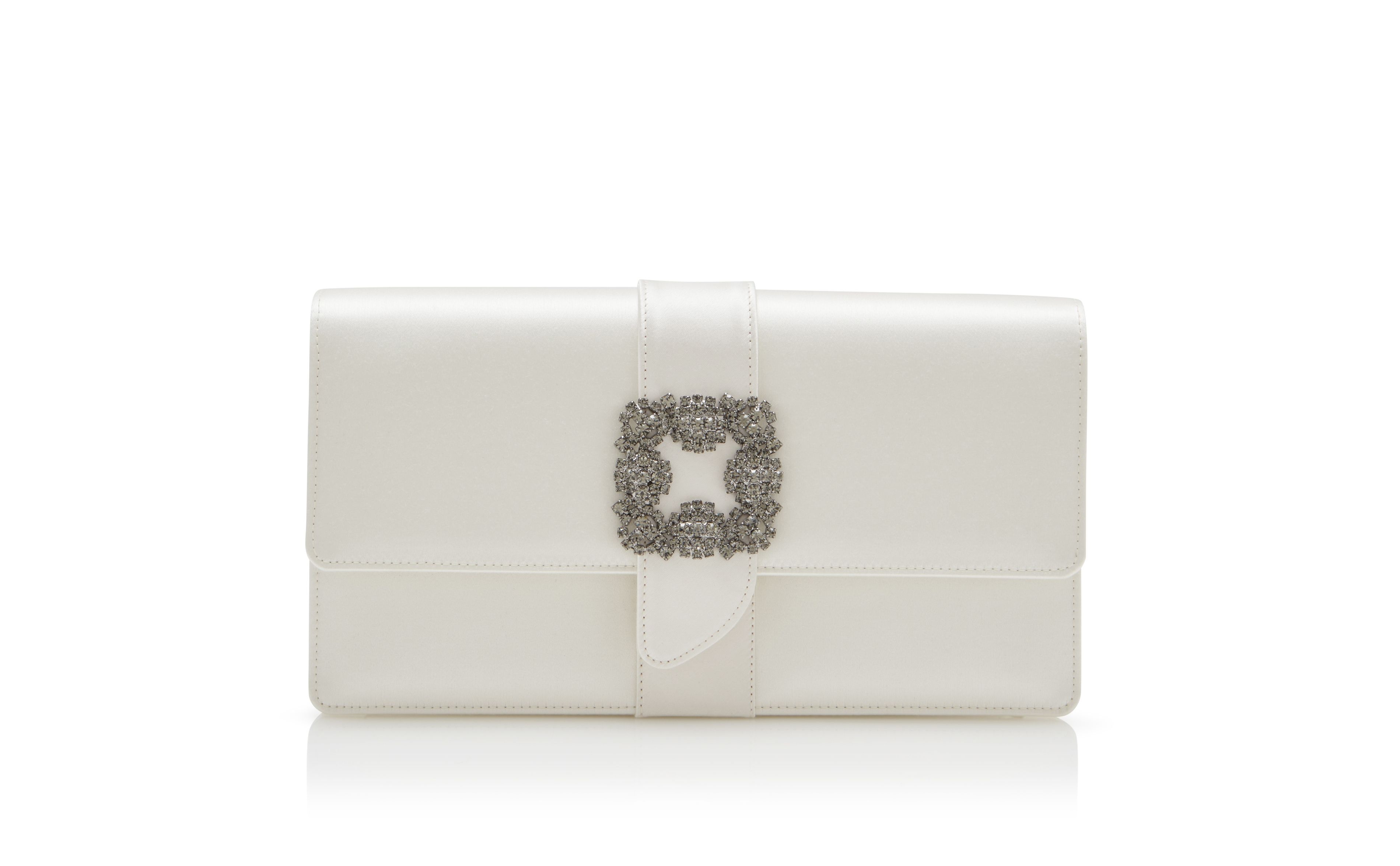 Off-White Satin Jewel Buckle Clutch - 1