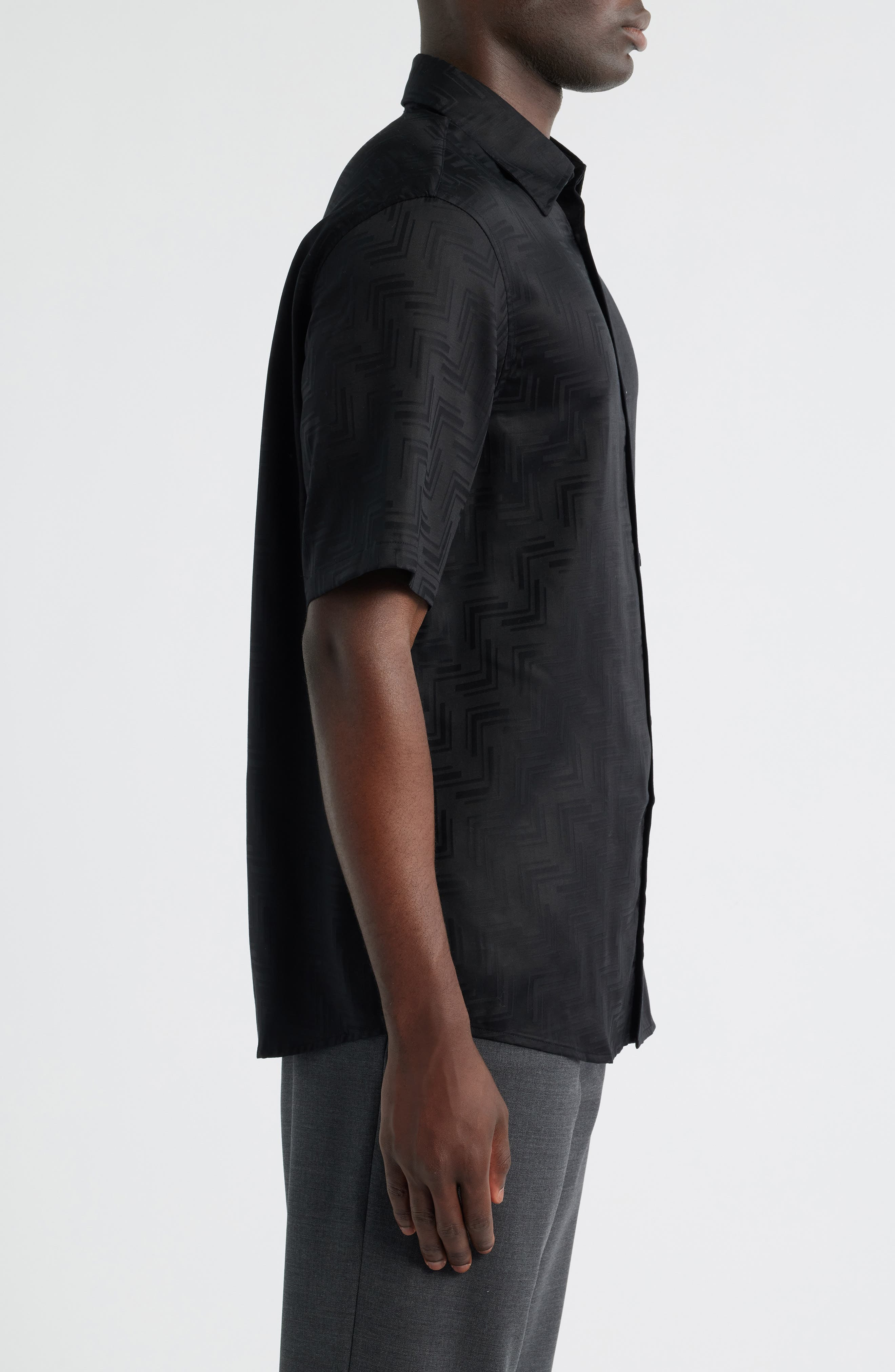 Emporio Armani Short Sleeve Lyocell Button-Up Shirt in Solid Black at Nordstrom - 4