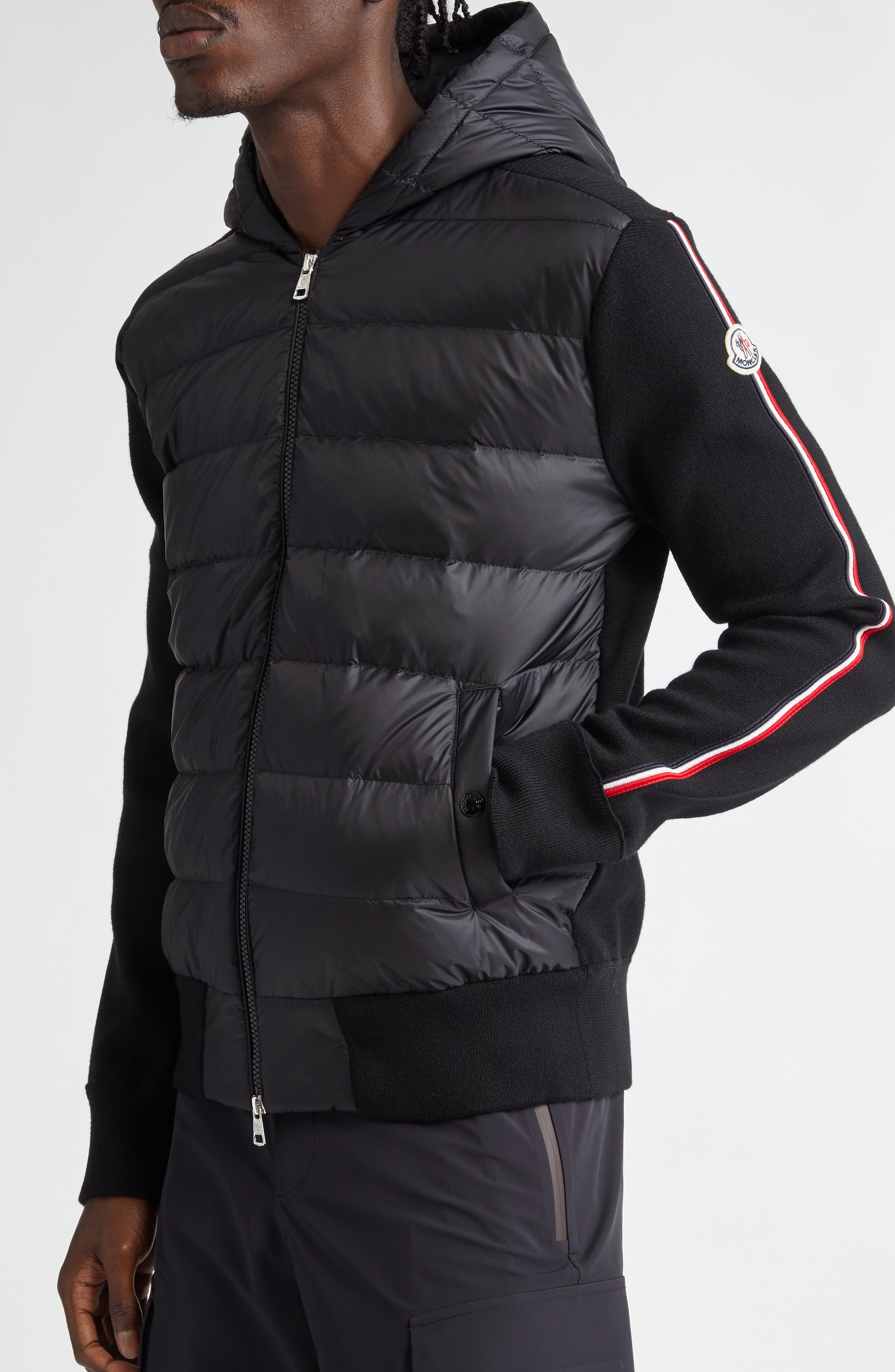 Moncler Hybrid Down & Wool Full Zip Hoodie in Black at Nordstrom - 4