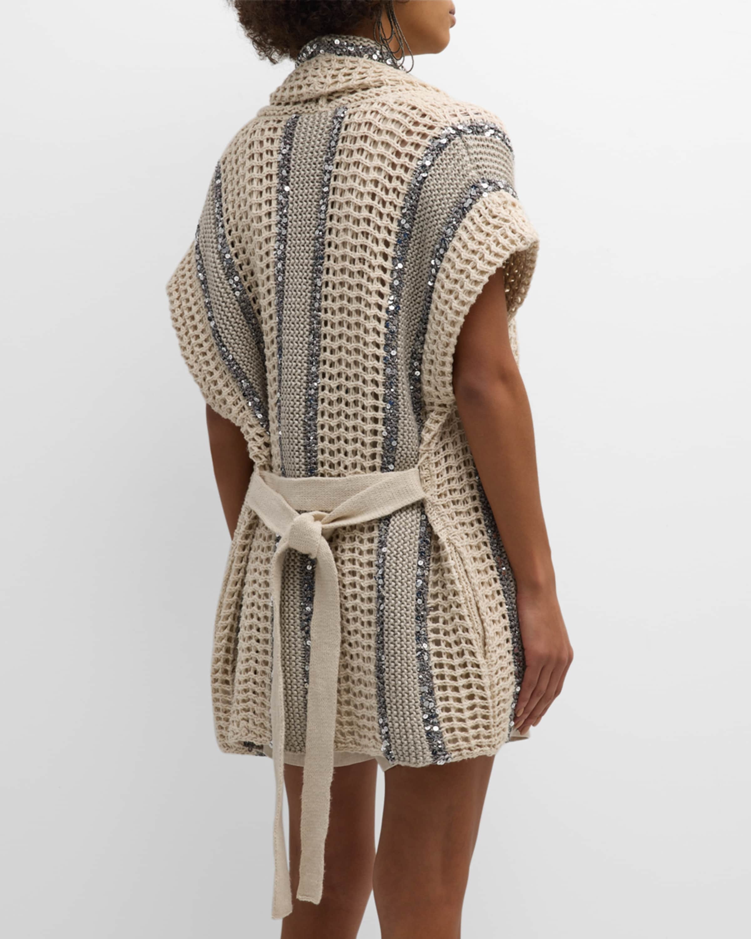 Open-Knit Long Net Cardigan with Paillette Detail - 4