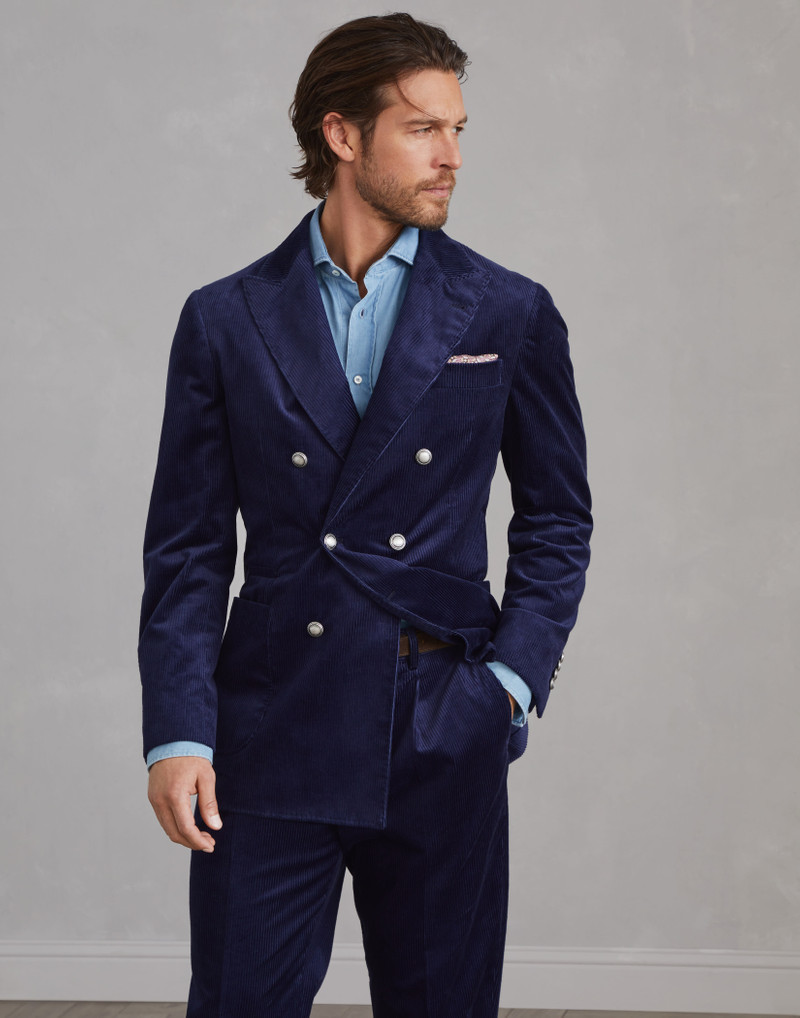 Sea Island cotton corduroy one-and-a-half breasted deconstructed blazer with patch pockets and metal 1