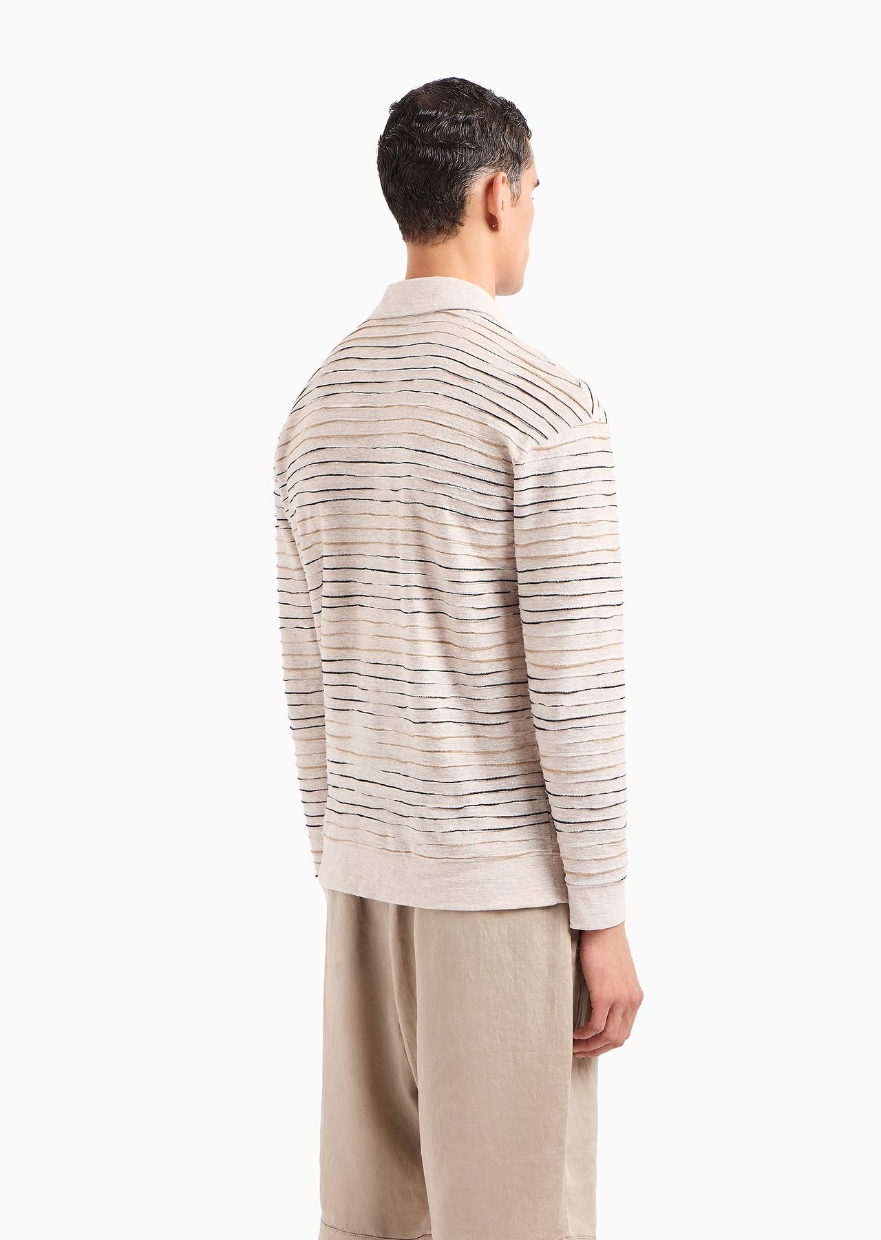 Long-sleeved polo shirt in linen, cotton and viscose jersey jacquard - 3